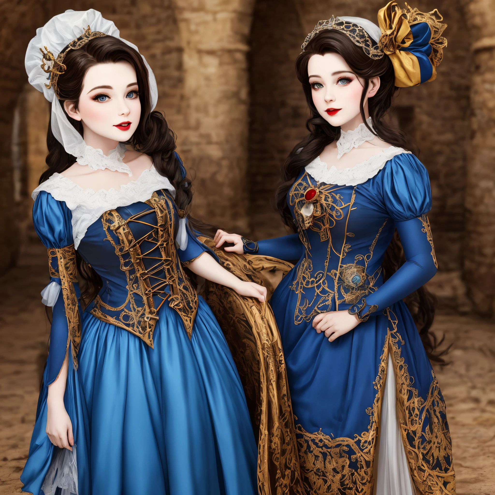 hiper beautiful mulher branca de neve moderna hiper-realista, roupa amarela, saia azul e detalhes em vermelho bota longa vermelha 16k fundo medieval futurista cabelos longos pretos hiper-realista fundo Steampunk, close fotografia e darkness.