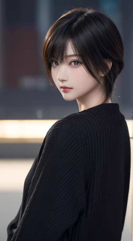 masterpiece, 1 beautiful girls, detaileds, Swollen eyes, top-quality, 超A high resolution, (现实: 1.4), OriginalPhotographs, 1girl in, 电影灯光, (A smile:0.6), japanes, Asian Beauty, Korean, Proper, very extremely beautiful, Slightly younger face, Beautiful skins,orange color hair、 Slender big, Black sweater、cyberpunk backgrouns, (A hyper-realistic), (illustratio), (hight resolution), (8K), (ighly detailed), (The best illustrations), (beautifully detailed eyes), (ultra-detailliert), (wall-paper), (详细的脸), looking at the viewers, fine detailed, A detailed face、deep-shadows、Unobtrusive、pureerosfaceace_v1、46-point diagonal bangs、Facing straight ahead、Neat Clothing、Black colored eyes、