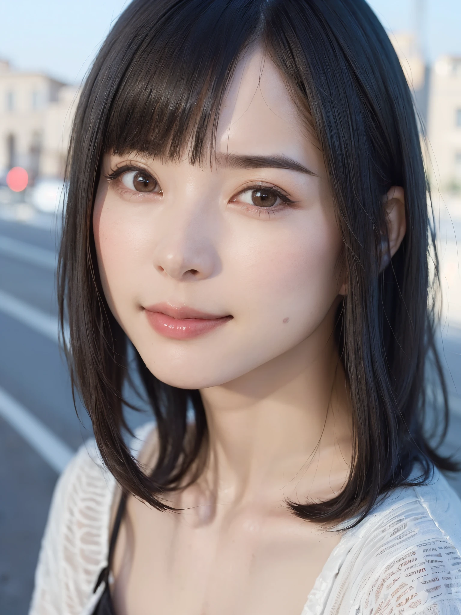 (masutepiece, top-quality、The ultra -The high-definition、Very attractive adult beauty、Add intense highlights to the eyes、Look firmly at the camera:1.4、Absolutely beautiful bangs:1.4、Brunette's short bob hair with bangs:1.4),1girl in, 独奏, A dark-haired, scarf, Hats,, realisitic, looking at the viewers, black eyes of light color, shorth hair, coat, Winter clothes, White headscarf, s lips, lipgloss,bangss, The upper part of the body、big eye、Lashes)、((Road system in Italy、Hyperreal Stick:1.4))、((Shorthair with bangs:1.4、Beautiful bangs with 46 points:1.4、big eye、Put very strong highlights in your students、very Bigger breasts、gazing at viewer、Very beautiful beauty、Put your ears out、long neck、little smiling、Beautiful teeth、Open your mouth and smile))、28 year old、Very cute supermodel
