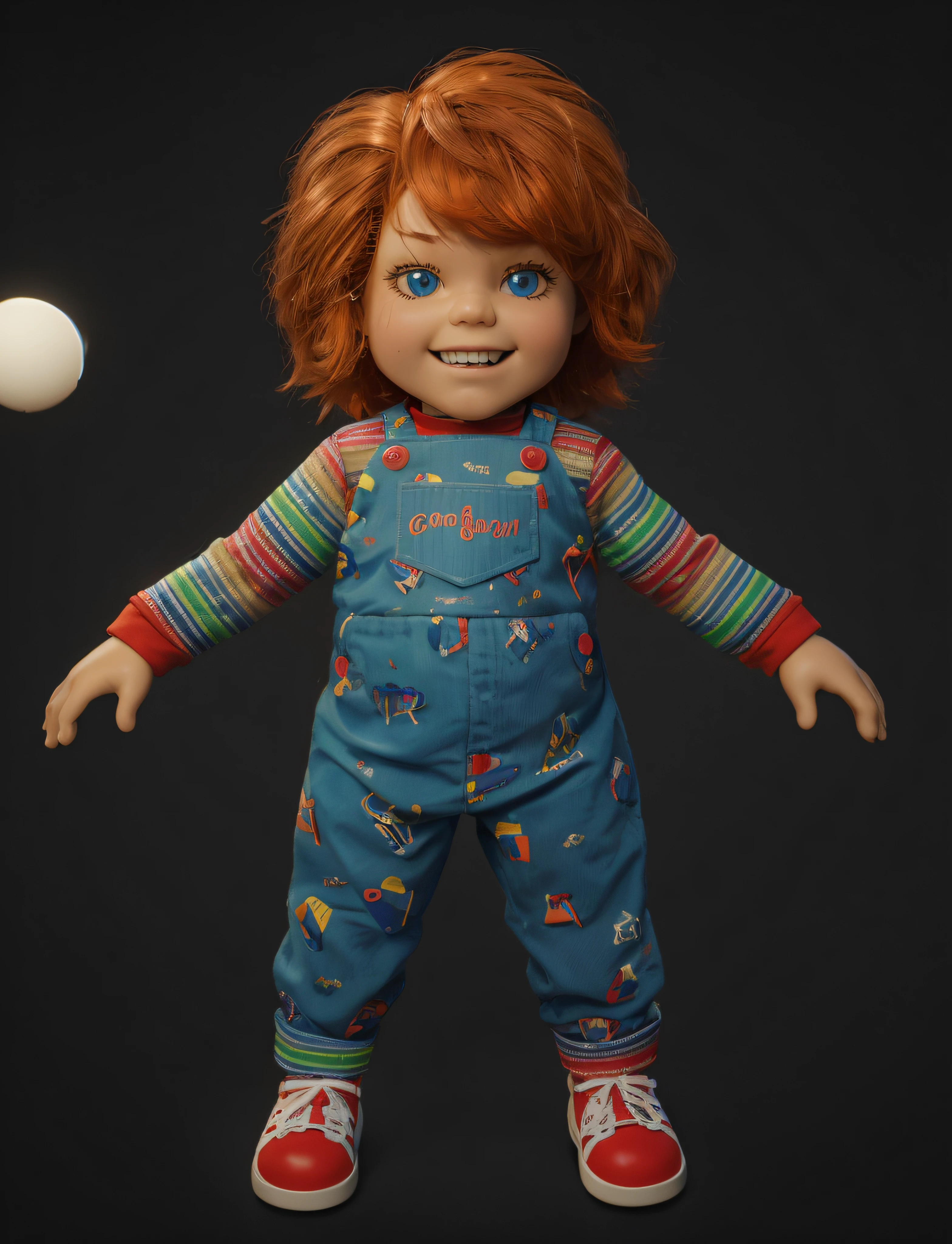 (best quality, high resolution, masterpiece: 1.2) Chukey doll, ultra-detailed, portrait, , [inspired by Good Guys], [doll, , [good guy appearance], life size, , ultra-detailed perfect blue eyes], [smile darkened], rubber [plaid lumberjack clothes], bright colors, orange and moody lighting, and brown wig hair, chukey style.