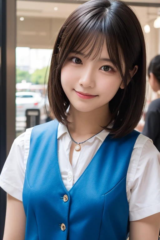 (((Medium hair))), Top Quality, 8K, HDR, Hi-Res, Absurdity: 1.2, Photography, (RAW Photos: 1.2), (Photorealistic: 1.4), (Masterpiece: 1.3), (Complex Details: 1.2), 1 Girl, Solo, Japan girls, Delicate and beautiful details, (Detailed eyes), (Detailed facial features), Petite, (Small breasts))), Toned Skin, ( looking_at_viewer), from_front, (Skinny), (Best Quality: 1.4), (Ultra High Definition: 1.2), Cinemalite, (Extreme Detail Illustration), (Lip Gloss, Best Quality, Ultra High Resolution, Depth of Field, Caustics, Broad Lighting, Natural Shading, 85mm, f / 1.4, ISO 200, 1/160 sec: 0.75), 1 girl, solo, ((blue vest))) smile, uniform, necklace, fashionable café: 1.3, black neat and clean clothes, Nogizaka idol, gravure idol, beauty
