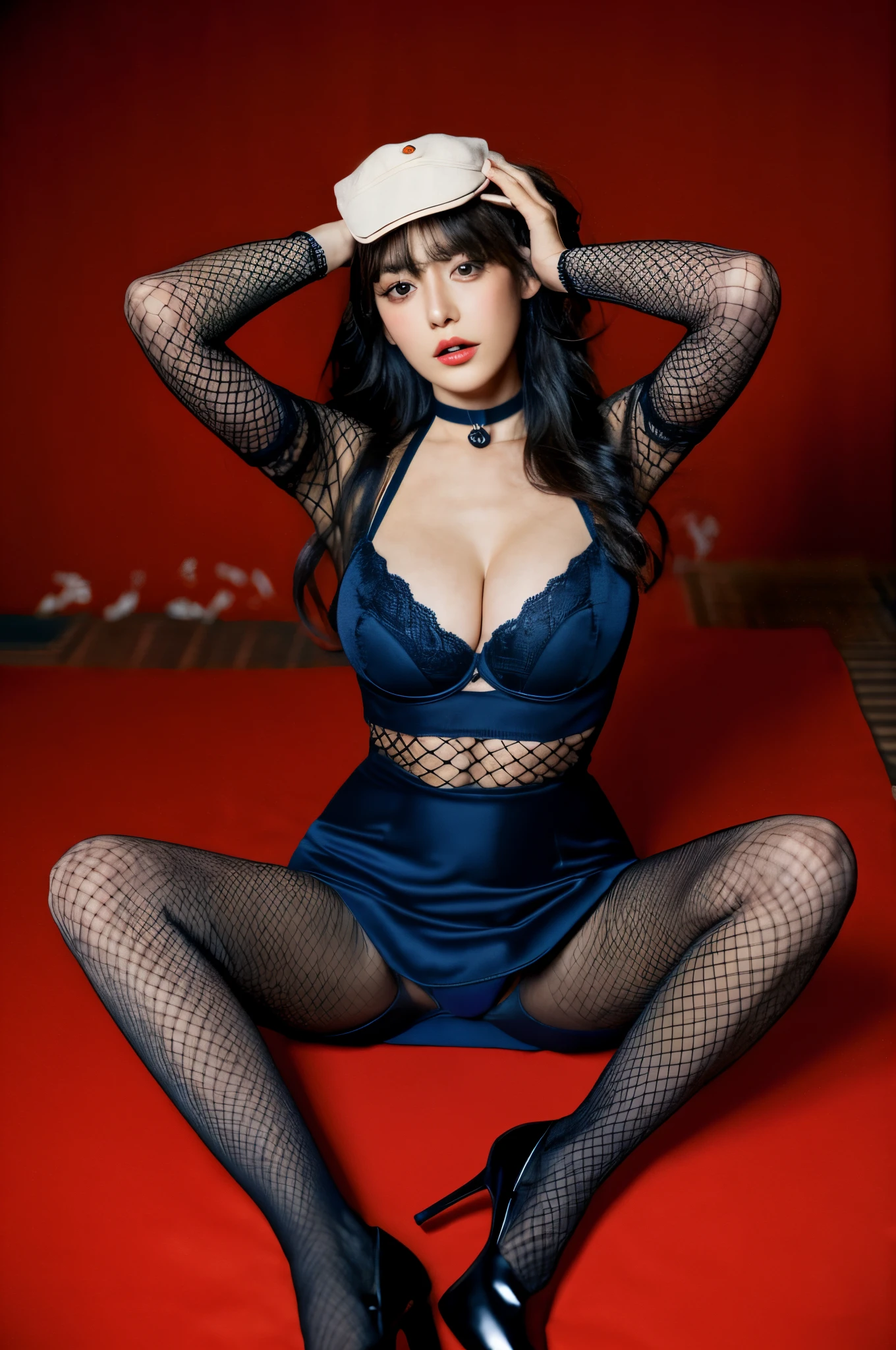 top-quality, ​masterpiece, 超A high resolution, (Photorealsitic: 1.4), ((sitting and spreading her legs))、Raw photo, Japan idle、Twintails with black hair, Dark blue ultra-small underwear, fishnet tights、Colossal tits、Opening Mouth、(Hands behind the head)、full body Esbian、a choker、high-heels、