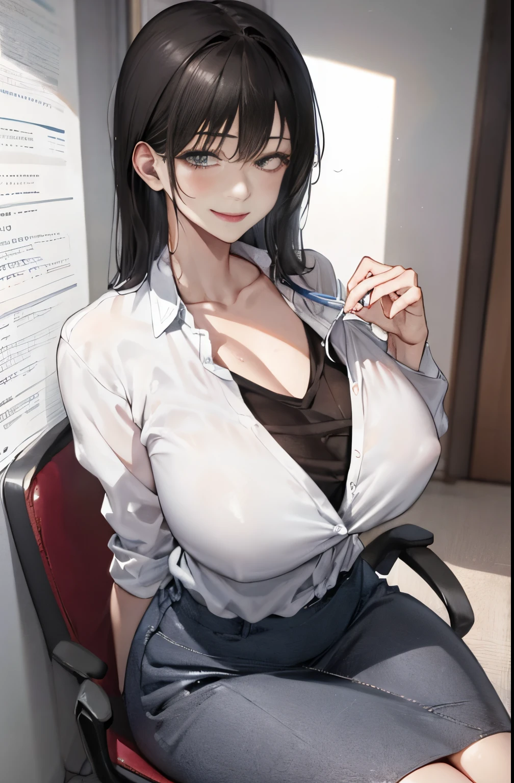 big anime girl sitting on a chair in the room, oppai, with a big chest, Teasing smile, Big breasts!!, Big breasts!, (SFW) safe for work, touching her clothes, cleavage, Revealing clothes, with large breasts, Chest covered、SFW, biomechanical oppai, Open V chest clothes, (doctor), Ecchi, Chic、Female doctor in white coat、