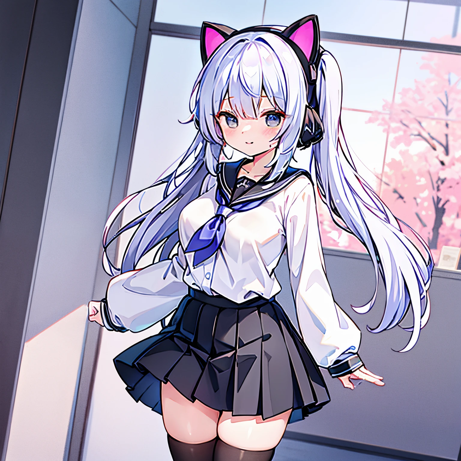 "anime girl, 1 person, silver white hair tied on both sides, light pink purple eyes, wearing cat ear headphones, female shirt, female school uniform, tie, black miniskirt, big breasts, smiling, tights,  standing cross-legged, side view,solo (full HD 4K+ image)"