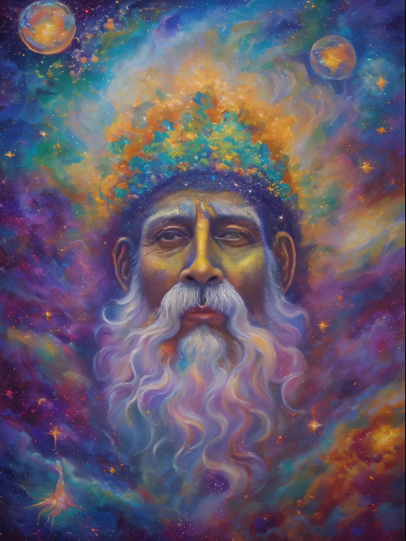 (Best quality,4K,8K,A high resolution,tmasterpiece:1.2),ultra - detailed,Cosmic Entity Portrait,cosmic god statue,Fantasy painting,Oh, God's face,an abstract spiritual background,centered portrait,Ancient old man with beard,Deep Dream Universe,Strange portrait with the Milky Way,image of god in sky,his thoughts on eternity,metaphysical painting