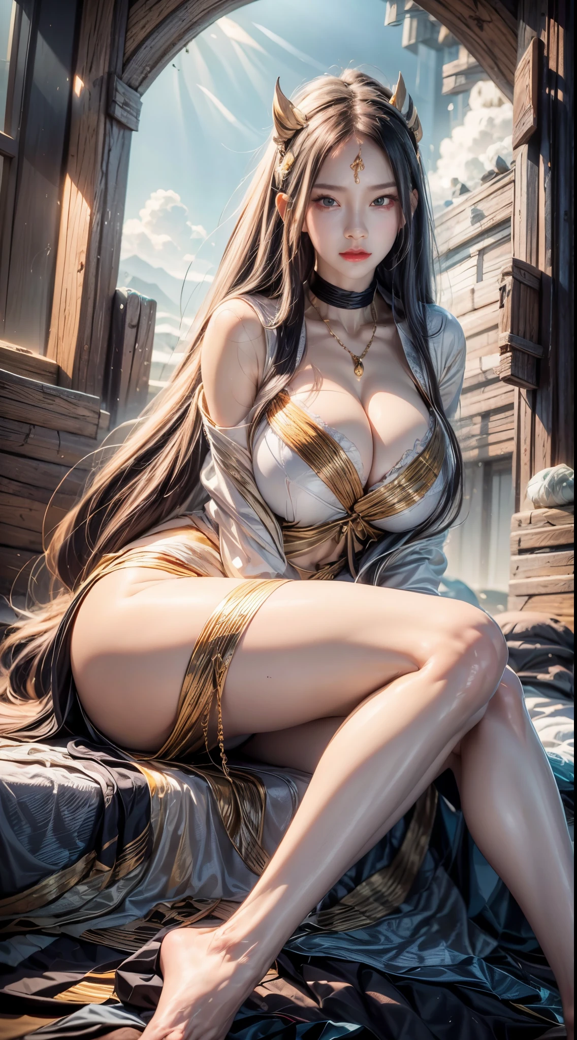 realistic, 1 women, best quality, 12k, HD, long hair, big round breasts, cleavage, ponytail, necklace, jewelry, shorts, short jacket, slim hips, hair tie, yellow eyes, black hair, super detailed, Eye details, hair details, person details, mouth details, face details, breast details, clothes details, hair details, pants details, hand details, whole body