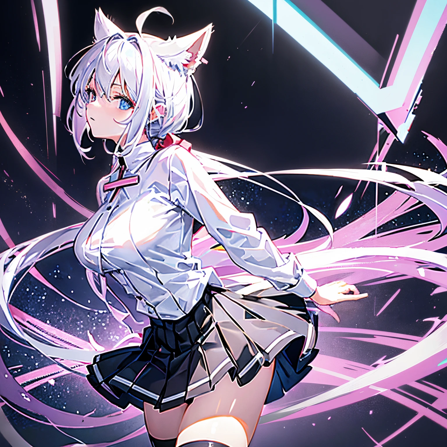 "Anime Girls, 1 person, silver white hair tied on both sides, pale pink purple eyes, Wearing cat ear headphones, woman shirt, woman , tie, Black mini skirt, smile, tights,Put your hands behind your back,whole body,alone (Full HD 4K+ image),4K,Look forward,attractive,"