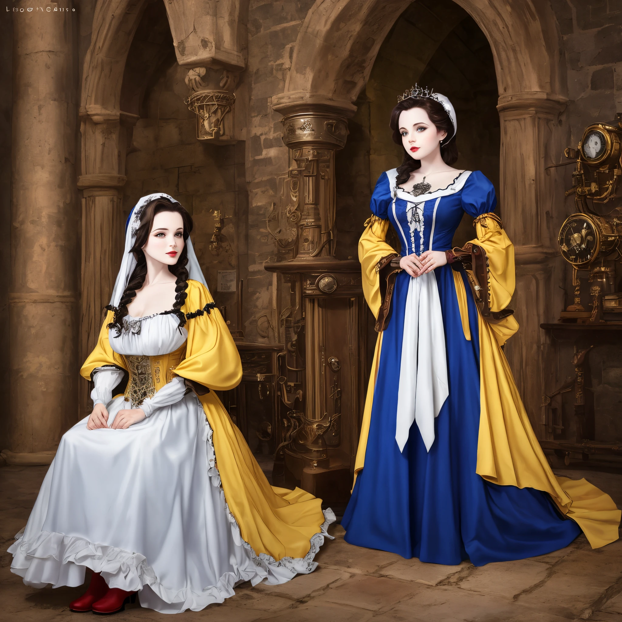 hiper beautiful mulher branca de neve moderna hiper-realista, roupa amarela, saia azul e detalhes em vermelho   bota longa vermelha 16k fundo medieval futurista cabelos longos pretos hiper-realista fundo Steampunk,  close fotografia e darkness.