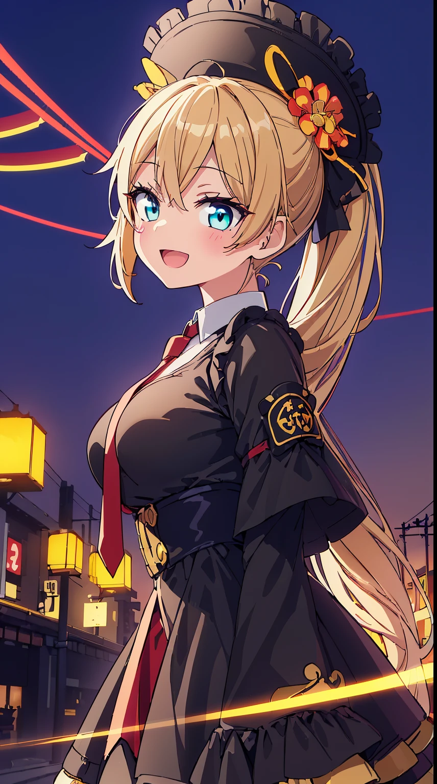 (Absurd realistic structure details),(High resolution complex and detailed text quality),(High-resolution microstructure、High Poly 3D Rendering Correction),Methods of geometry,Careful explanatory anatomy,
BREAK,
1 beautiful girl, girl with, (Cute:1.5),(Chibi:0.5),(kawaii:2.0),(Lori:2.0),( girl),(large full breasts:1.65),(Ahoge,High Ponytail,Blonde hair, blue bow, Green eyes,eyebrows visible through hair,side locks,Parted bangs,Long hair, Hair Flower, Hair Ornament, Curly hair,Bow:1.4),:D,(Angel,White feathers, one white winged, Angel wings,Spread wings, Glowing wings),pitt \(Kid Icarus\),gleaming skin, Clear skin, shining beautiful skin, Open mouth,Smile, Solo, tusk, Upper teeth,(long eyelashes, Double eyelids:1.2),Solo,gleaming skin, Clear skin, Beautiful skin,(best quality face),(Top quality glowing eyes),(The best smile,:D:1.45),
BREAK (Black and Gold theme:1.4), ((Gothic Lolita Dress, black military uniform top):1.3), (black sundress with collar:1.4), (black multilayer skirt with red ruffles:1.4), (Black Peak Cap:1.4), ((Short sleeve, Bishop Sleeve):1.3), ((gold epaulettes, gold aiguilette):1.3), (Black Gloves:1.3), (double breasted dress:1.3), ((Lace, exquisite gold embroidery):1.2), (Dark brown pantyhose:1.3), (military boots with lace up:1.1),
BREAK (Red Theme:1.2), (Red tie:1.4), (red lines on dress:1.2),
BREAK,(Sunset), (There is a picture of a road made of electric wires and poles....., anime countryside landscape, Anime Background Art, Anime landscapes, very detailed illustration.", anime style cityscape, style of makoto shinkai, anime backgrounds, Anime landscapes, in the style of makoto shinkai, painted in anime painter studio:1.3),Waterfall,depth of fields,a closed mouth,(Osaka in Autumn:1.55), blush, bottles, (Look back:0.6), (Sexy Pose:1.2), (tilt head:1.1),
BREAK, (Dynamic Angle,from the front side:1.2), wakame,wakame,wakame,
BREAK,(Blurry background:1.3),(absurderes, hight resolution, Super Detail Art),cel shading,Clear Color, Lonely optical effect, Beautiful pictures, Bright glow, mystic atmosphere,(Close-up of girl:1.1), (Bright glow, Light particle effect, light leaks, Aerial effects:1.1), clean line drawings,Clear Color, Beautiful pictures,