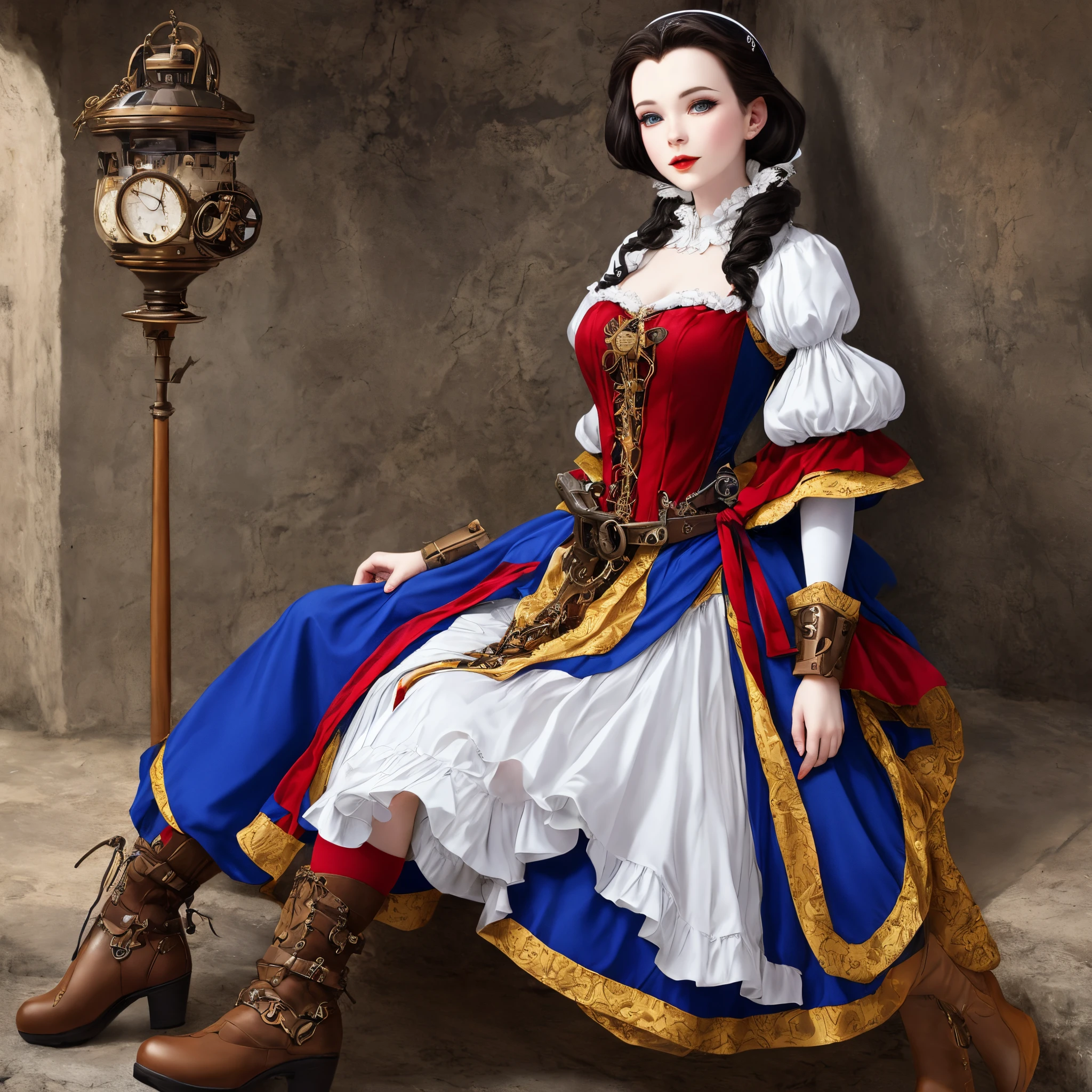 hiper beautiful mulher branca de neve moderna hiper-realista, roupa amarela, saia azul e detalhes em vermelho bota longa vermelha 16k fundo medieval futurista cabelos longos pretos hiper-realista fundo Steampunk, close fotografia e darkness.