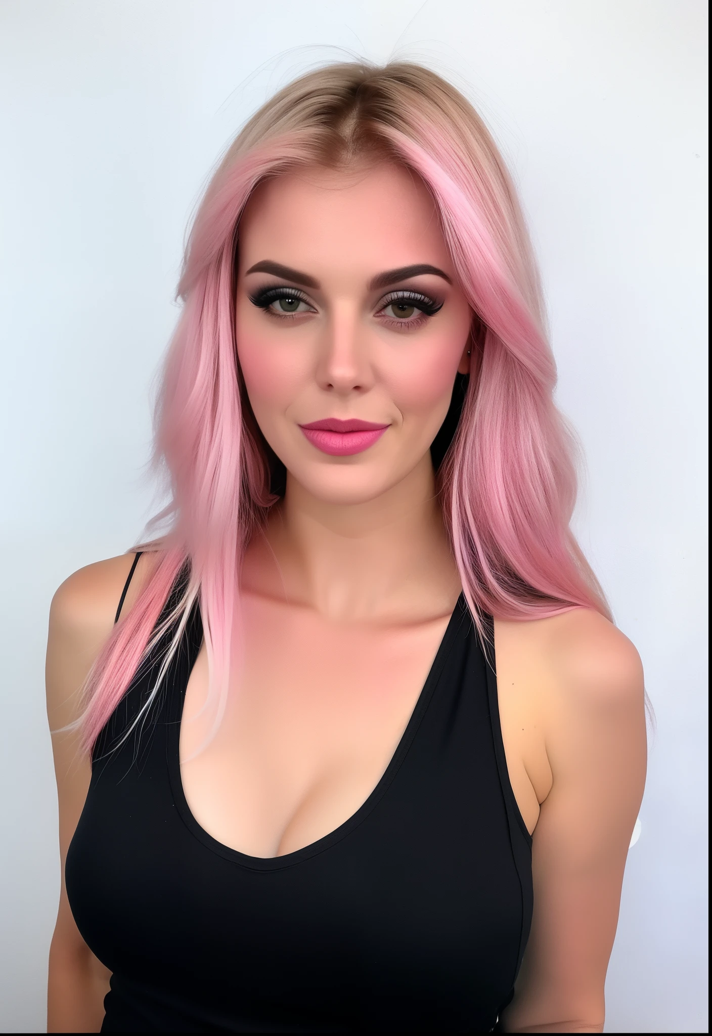 um close up de uma mulher com cabelo rosa e um top preto, cabelo rosa, cabelo liso rosa, cabelo rosa claro, com cabelo rosa, cabelo rosa longo, cabelo longo chiclete, cabelo chiclete, tom de pele rosa pastel, long flowing pink hair, cabelo rosa claro longo, cabelo rosa wispy, cabelo rosa claro com chamas cor-de-rosa, cabelos longos com cores pastel, ava max