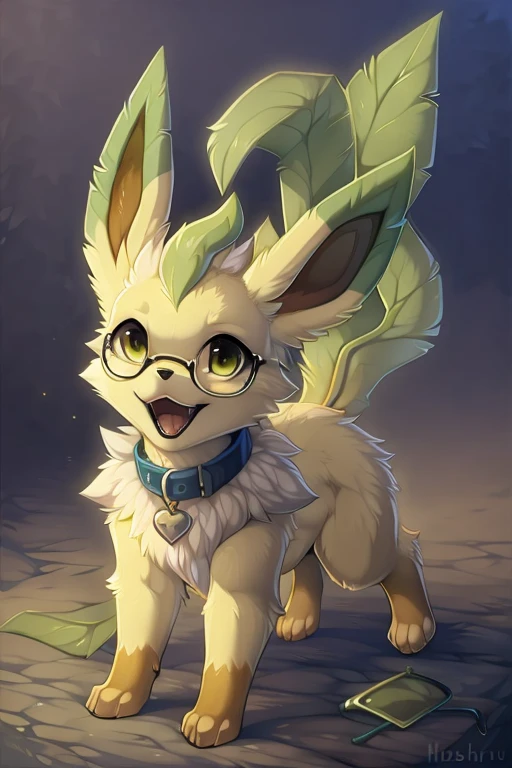 [by Hioshiru],furry, Feral, Pokemon, Long fluffy hair, glasses, Leafeon with mint green fur, glasses, Green eyes, Happy, canine paws, paws for hands, short height, shortstack, crawling, heavy, collar, walkies, perk