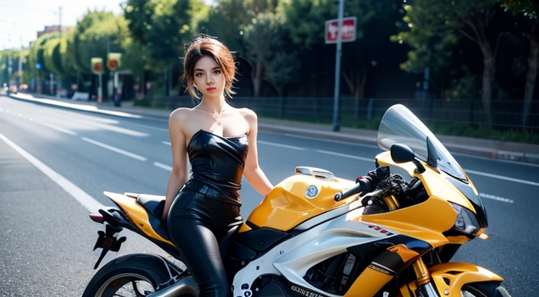 4k resolution, Realistic, (Irish France model girl,High Detailed brown curl emo hairstyle,High Detailed eyes,Slim body),She ride Yamaha R1 Motorcycle, Sport type,Blue Colour, Sports,Rail Road Street Background, Cinematic Lighting, masterpiece, UHD,Ultra Wide View,4k resolution photo,