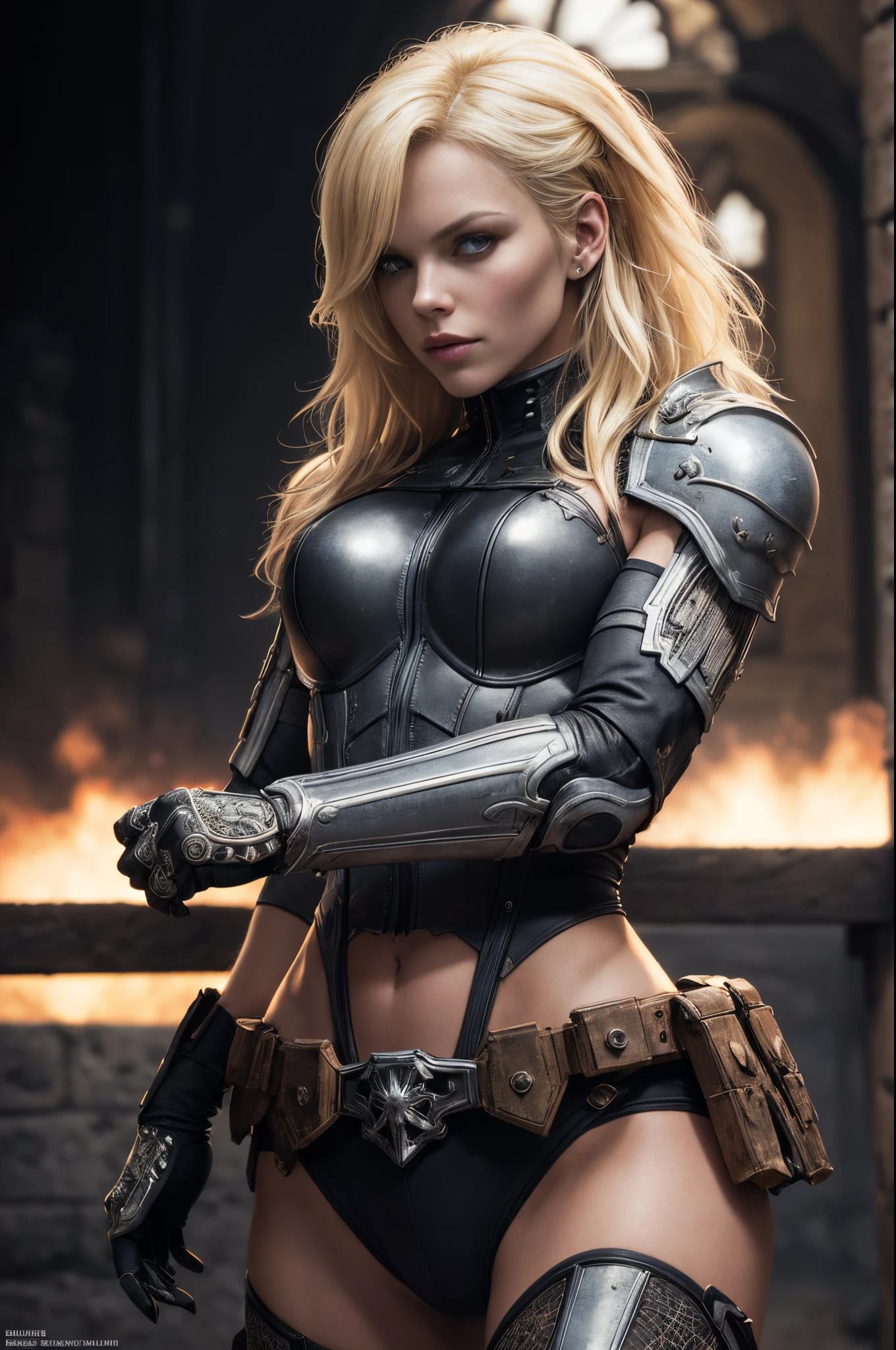 Photo-realistic, Arafed tall woman in a bikini posing on a black base, long blonde hair, long black boots, bikini with space suit element design, full pose, sexy pose, gorgeous style, full body close-up shot, on the right thigh gun holster, holding gun in right hand, inside a spaceship, a woman in a bikini sitting on a surface with a gun, front view, inspired by Masamune Shirow, knights of zodiac girl, pinup. lord of daggers, inspired by Clyde Caldwell, lodoss, portrait knights of zodiac girl, gorgeous, inspired by Barclay Shaw, dorian cleavenger