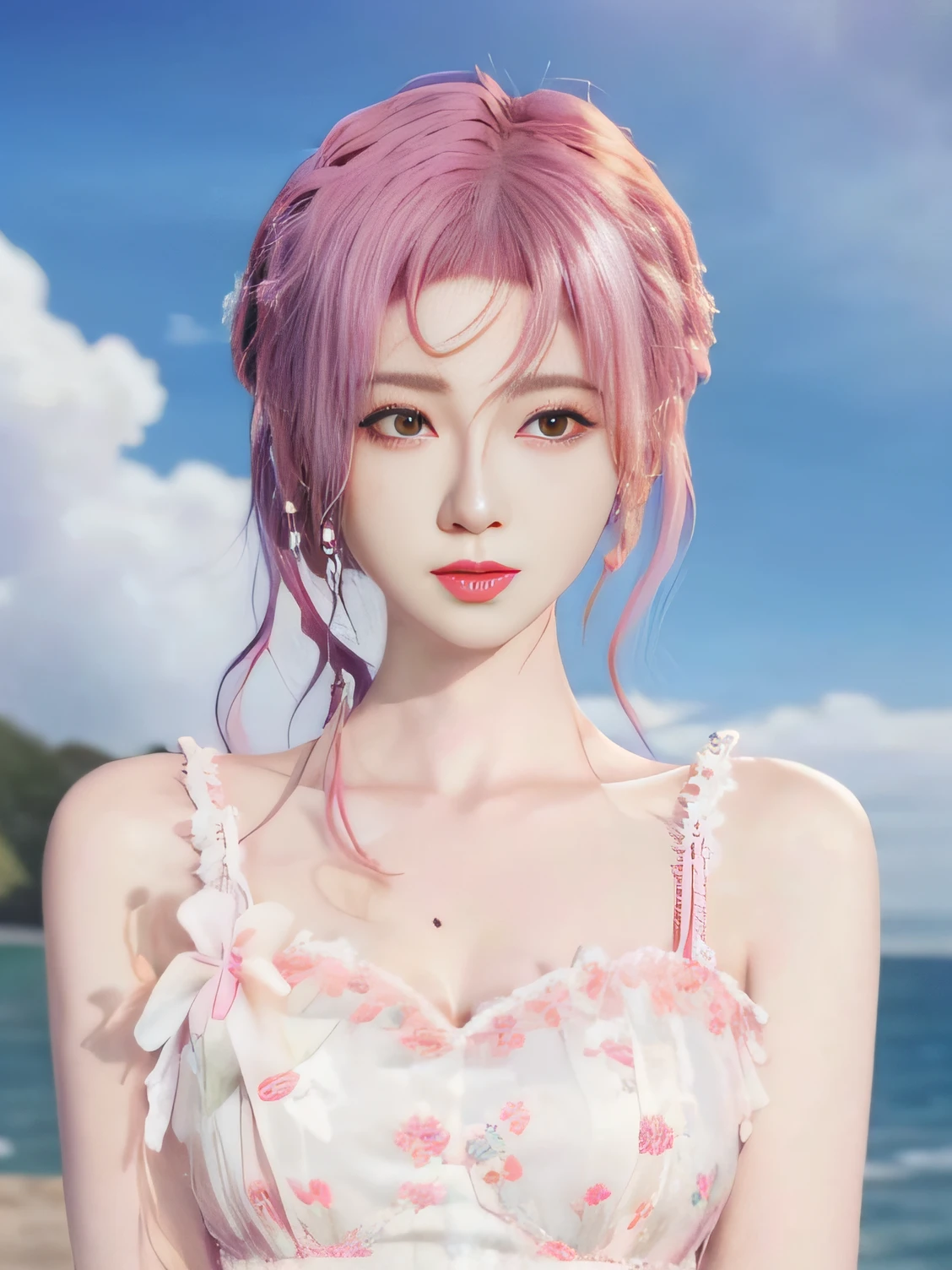 Girl with blue-pink hair and peacock feathers, Inspired by Ming Yanchun, Computer Graphics Association, 🌺 style of anime. 8K, Anime style 3D, Very popular on cgstation, 8K high quality detail art, Gouves style artwork, fantasy art style, realistic anime 3D style, Anime inspiration, anime style mixed with fujifilm,showing waist,cropped shoulders,Sexy and feminine,A little cleavage,Long legs so white they shine,Whole body diagram,ultra-realistic realism,Heads-up shooting,Award-Awarded,perfect hand(perfect hand),It's a perfect face