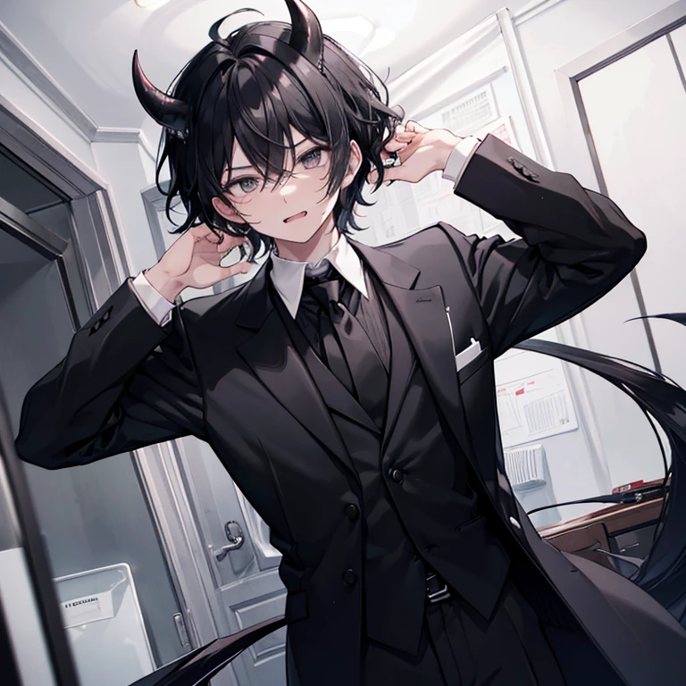 Men with messy black hair, black head, black eyes,Sleepy eyes, he has sharp white teeth, he has a long tongue, he wears a black and white suit, black tie, wears a mischievous expression, He has black horns and a black demon tail
