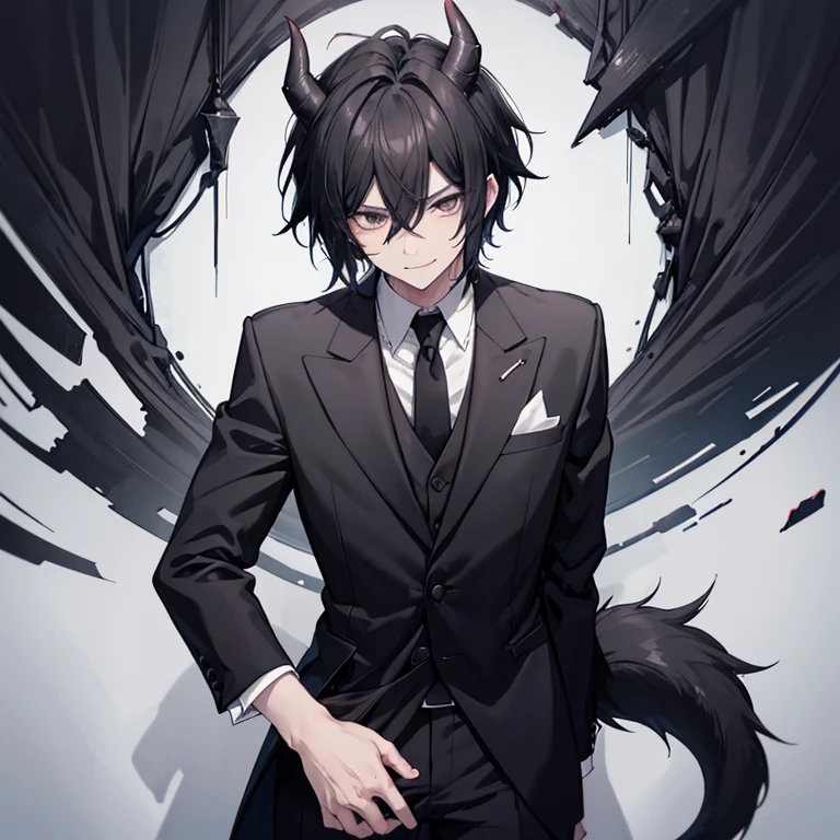 Men with messy black hair, black head, black eyes,Sleepy eyes, he has sharp white teeth, he has a long tongue, he wears a black and white suit, black tie, wears a mischievous expression, He has black horns and a black demon tail