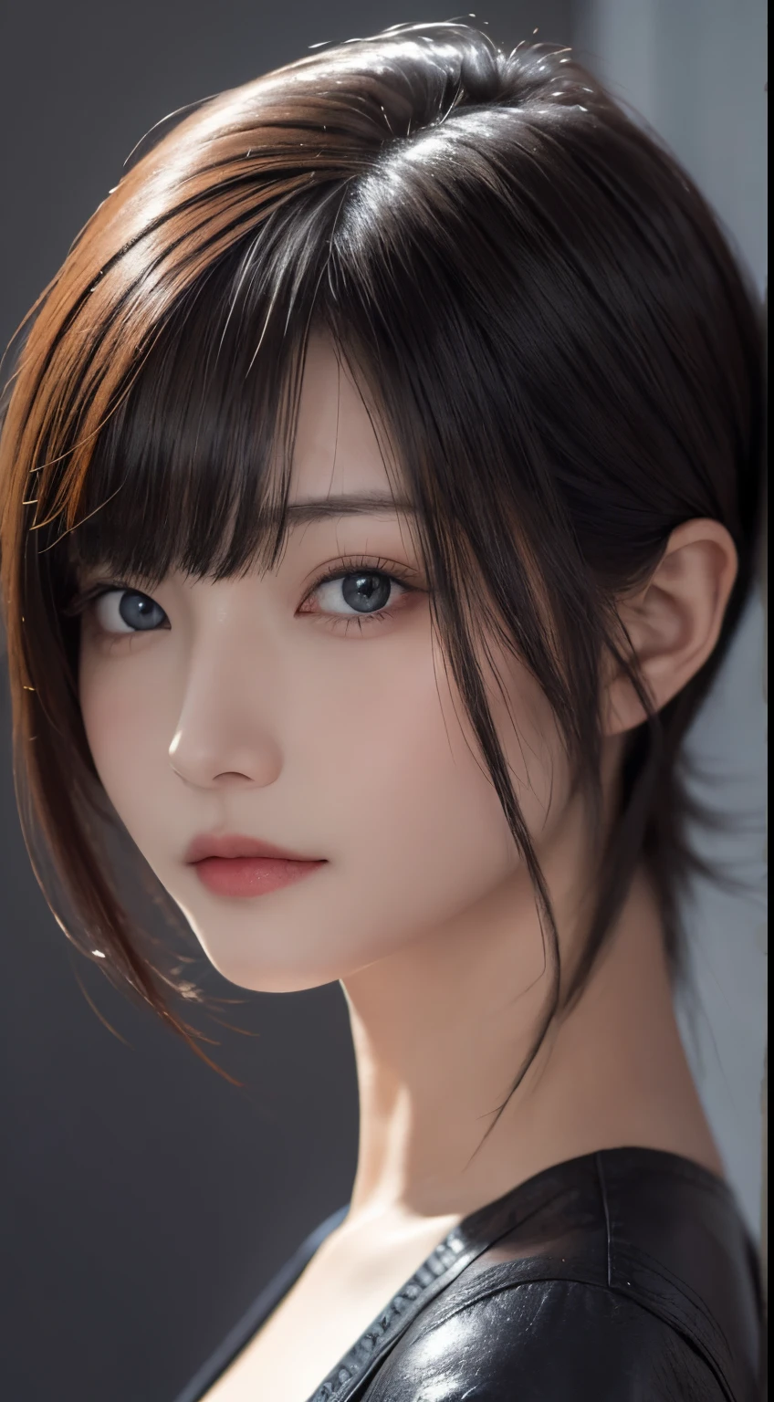 masterpiece, 1 beautiful girls, detaileds, Swollen eyes, top-quality, 超A high resolution, (现实: 1.4), OriginalPhotographs, 1girl in, 电影灯光, (A smile:0.6), japanes, Asian Beauty, Korean, Proper, very extremely beautiful, Slightly younger face, Beautiful skins,orange color hair、 Slender big, Leather Jean、cyberpunk backgrouns, (A hyper-realistic), (illustratio), (hight resolution), (8K), (ighly detailed), (The best illustrations), (beautifully detailed eyes), (ultra-detailliert), (wall-paper), (详细的脸), looking at the viewers, fine detailed, A detailed face、deep-shadows、Unobtrusive、pureerosfaceace_v1、46-point diagonal bangs、Facing straight ahead、Neat Clothing、Black colored eyes、