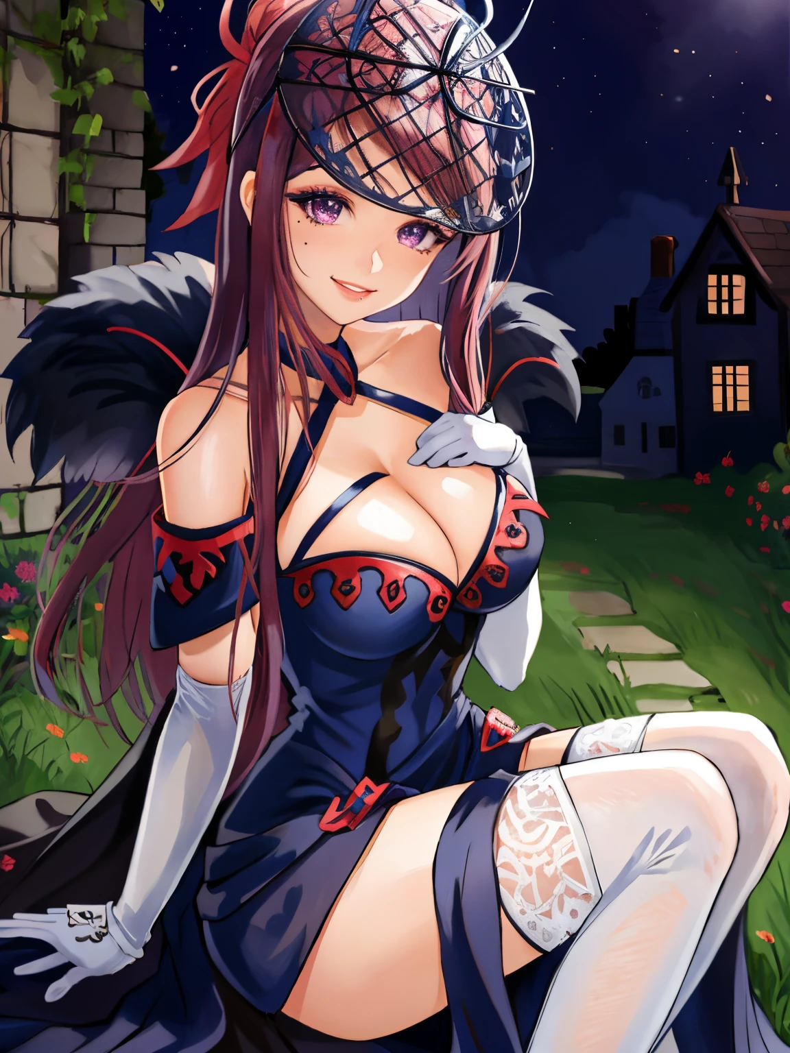 ivy fe, 1girl, solo, breasts, looking at viewer, tender loving smile, gentle eyes, castle background, gloves, dress, cleavage, bare shoulders, purple eyes, upper body, elbow gloves, white gloves, mole, lips, makeup, mask, mole under mouth, full body, own hands together