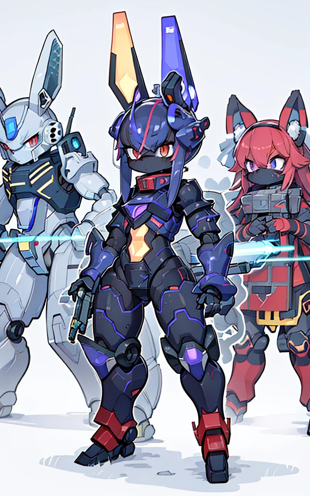 Cartoon image of robot rabbit holding gun, mecha cyber armor, Cool mech style, mechasuit, Full robot full body mecha suit, cyber fight armor, wearing cyber armor, anime mecha armor, Purple armor, Complex assassin mecha, Mecha Inspiration, Trio, three roles, Spatial perspective, The vision becomes blurred