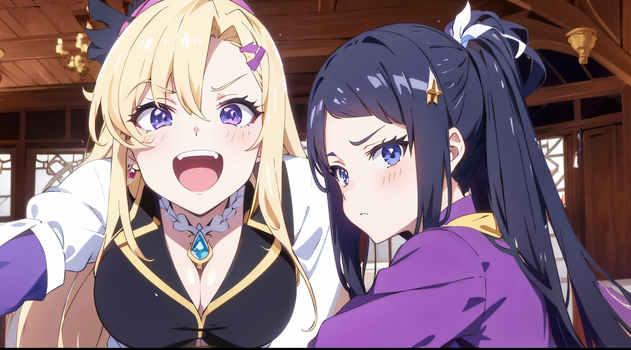 two anime girls in purple dresses are next to each other, popular Isekai anime, Impacto de Ayaka Genshin, Isekai, Anime de hoje ainda em destaque, ayaka jogo genshin impact, 2 0 1 9 captura de tela do anime, Personagens de Azur Lane, Overlord Temporada 4, Ainda de anime de TV, Konosuba, Anime Maids montando tanques antigos