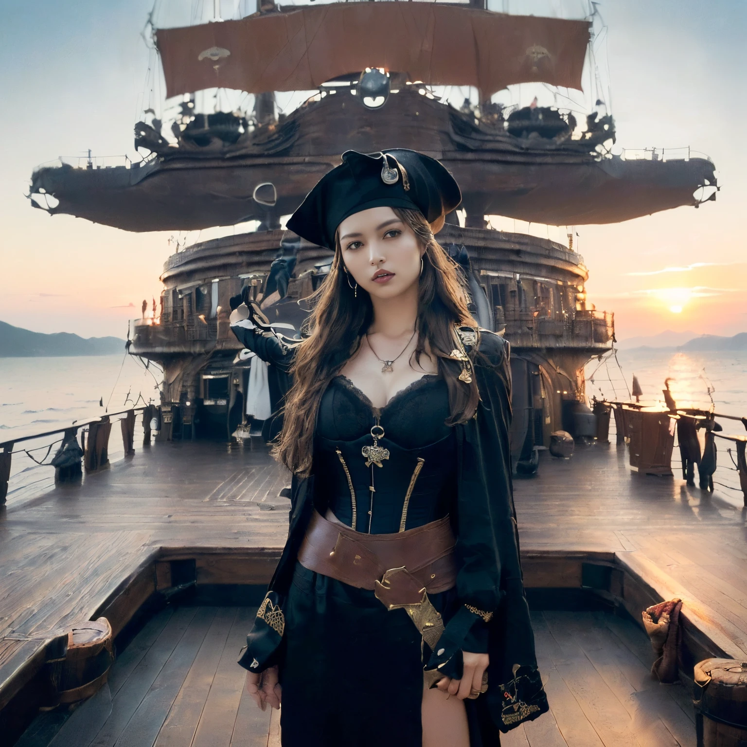 (top-quality、masutepiece、8K、Top image quality、SFW)、one female pirate、female pirate captain、(Charming medieval european pirate costume:1.3)、(Inside the deep ship deck:1.5)、(Inside the huge and complex deck:1.5)、(huge wide deck:1.5)、(captain&#39;s big black hat、Black hat:1.2)、(perfect black cloak、Long black cloak:1.3)、(Very intricate classic pirate costume:1.5)、(Detailed depiction of numerous accessories:1.3)、(Complex necklaces、complex badges、leather belts and delicate accessories:1.5)、(Detailed explanation of the structure of the perfect pirate ship:1.5)、(Complex and realistic interior of a pirate ship:1.5)、((There&#39;s a pirate barrel on the edge.、A pirate treasure chest is on the edge.、Detailed depiction of the complex background in the center of the deck、Perfect feeling like being on a pirate ship:1.5)、(Perfectly reproduces the classic atmosphere:1.5)、(intricate corset、the most dignified pirate captain&#39;complex costume:1.5)、(Classic and majestic pirate captain costume:1.5)、(she is in the center of the pirate ship、She is on the center deck of the pirate ship..:1.5)、(spectacular movie lighting、brilliant sunset、spectacular beautiful sunset、Sunset Sea、Big sunset:1.3)、(Depiction of the film、Classic and intricate depiction of a pirate ship:1.3)、(View me、Brown hair、Very Longhair、photo of her from the waist up:1.5)