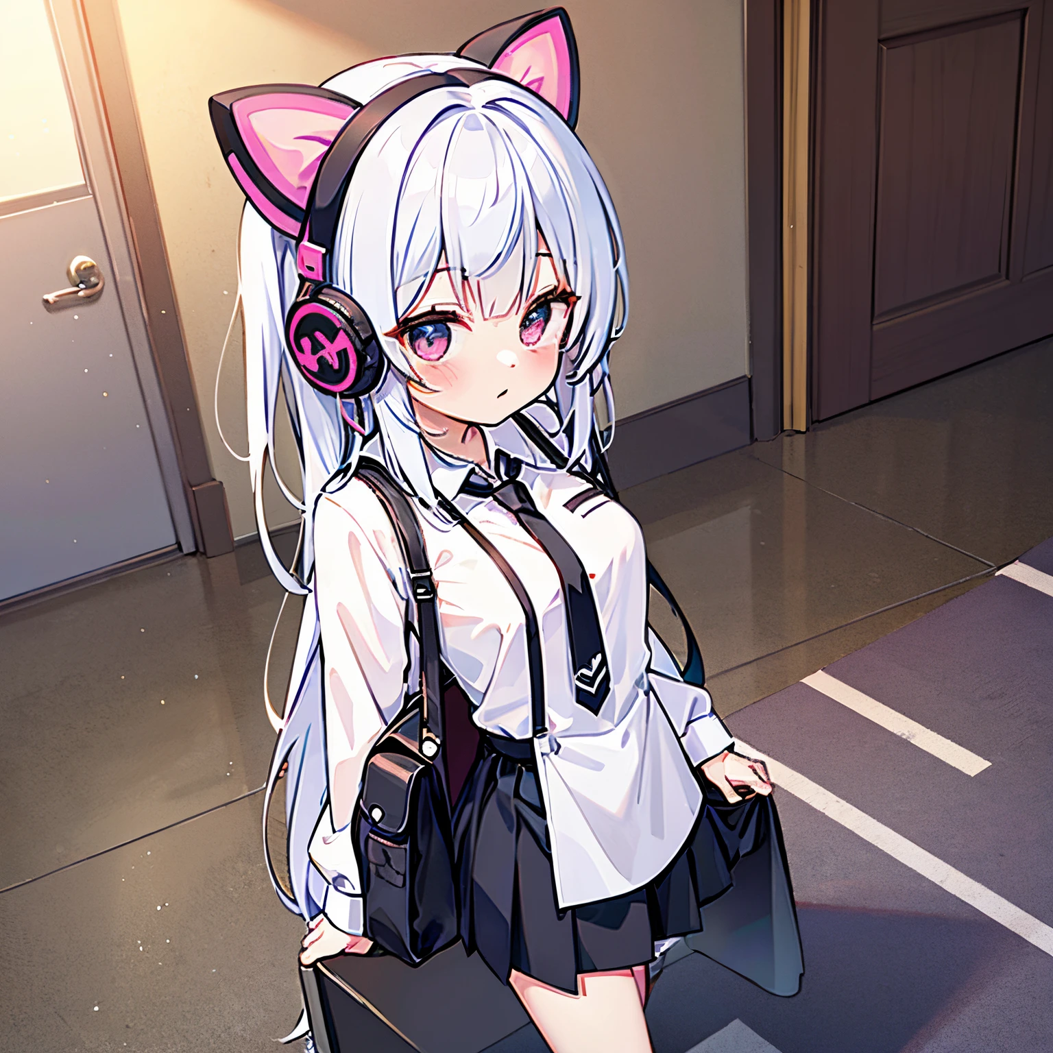 "anime girl, 1 person, silver white hair tied on both sides, light pink purple eyes, wearing cat ear headphones, female shirt, female school uniform, tie, black miniskirt, big breasts, smiling, tights,  standing cross-legged, side view,solo (full HD 4K+ image)"