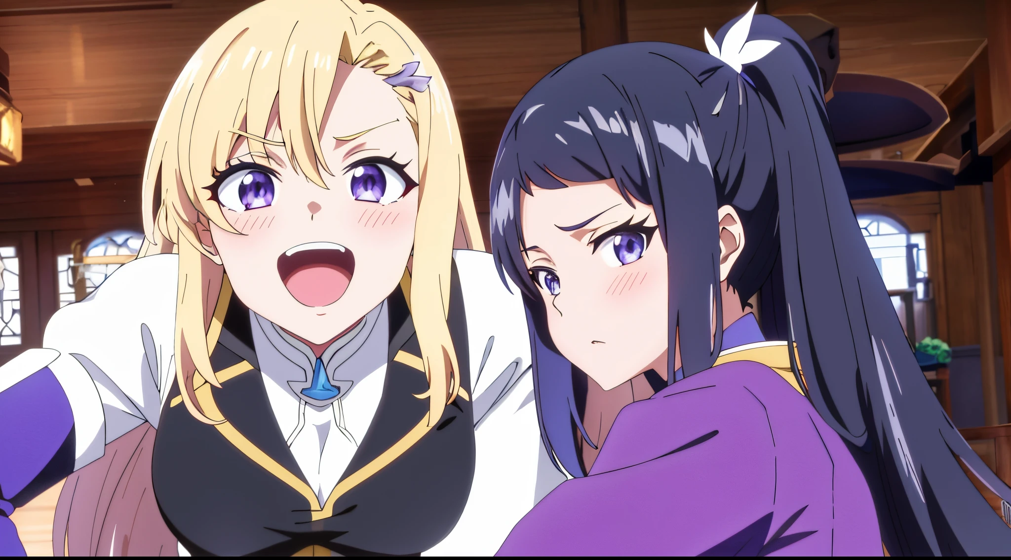 two anime girls in purple dresses are next to each other, popular Isekai anime, Impacto de Ayaka Genshin, Isekai, Anime de hoje ainda em destaque, ayaka jogo genshin impact, 2 0 1 9 captura de tela do anime, Personagens de Azur Lane, Overlord Temporada 4, Ainda de anime de TV, Konosuba, Anime Maids montando tanques antigos
