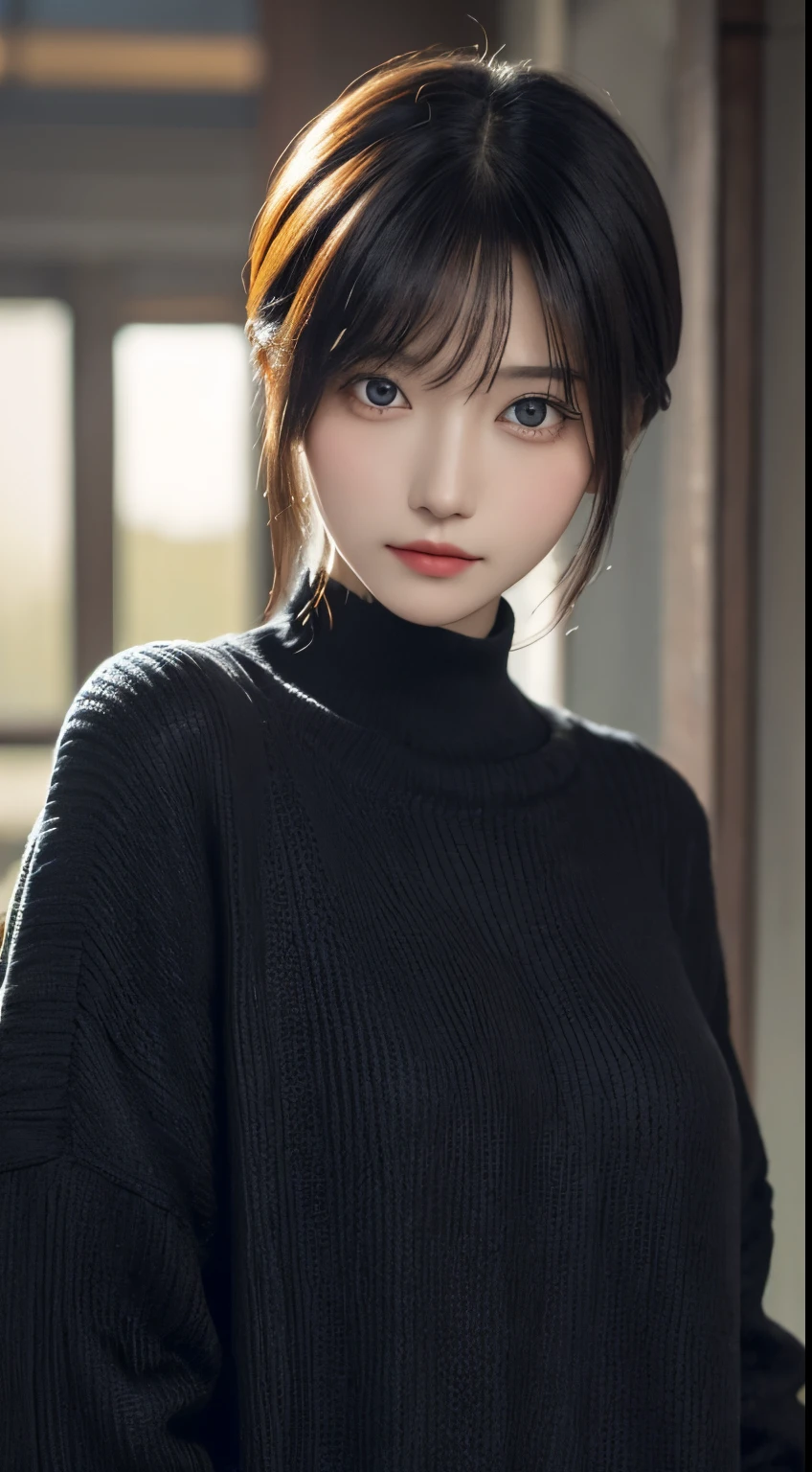 ​masterpiece, 1 beautiful girls, detaileds, Swollen eyes, top-quality, 超A high resolution, (现实: 1.4), OriginalPhotographs, 1girl in, 电影灯光, (A smile:0.6), japanes, Asian Beauty, Korean, Proper, very extremely beautiful, Slightly younger face, Beautiful skins,orange color hair、 Slender big, Black sweater、cyberpunk backgrouns, (A hyper-realistic), (illustratio), (hight resolution), (8K), (ighly detailed), (The best illustrations), (beautifully detailed eyes), (ultra-detailliert), (wall-paper), (详细的脸), looking at the viewers, fine detailed, A detailed face、deep-shadows、Unobtrusive、pureerosfaceace_v1、46-point diagonal bangs、Facing straight ahead、Neat Clothing、Black colored eyes、