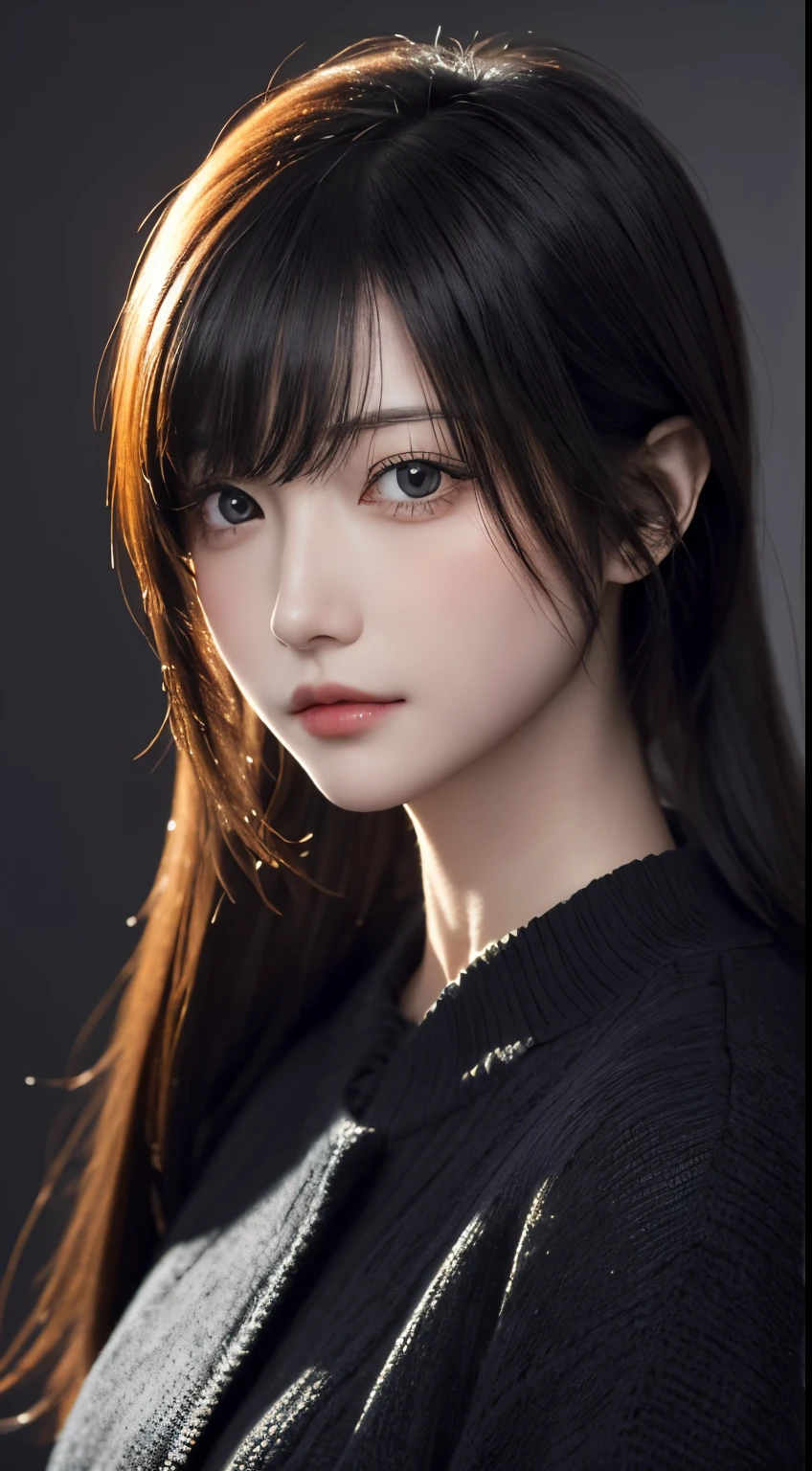 ​masterpiece, 1 beautiful girls, detaileds, Swollen eyes, top-quality, 超A high resolution, (现实: 1.4), OriginalPhotographs, 1girl in, 电影灯光, (A smile:0.6), japanes, Asian Beauty, Korean, Proper, very extremely beautiful, Slightly younger face, Beautiful skins,orange color hair、 Slender big, Black sweater、cyberpunk backgrouns, (A hyper-realistic), (illustratio), (hight resolution), (8K), (ighly detailed), (The best illustrations), (beautifully detailed eyes), (ultra-detailliert), (wall-paper), (详细的脸), looking at the viewers, fine detailed, A detailed face、deep-shadows、Unobtrusive、pureerosfaceace_v1、46-point diagonal bangs、Facing straight ahead、Neat Clothing、Black colored eyes、