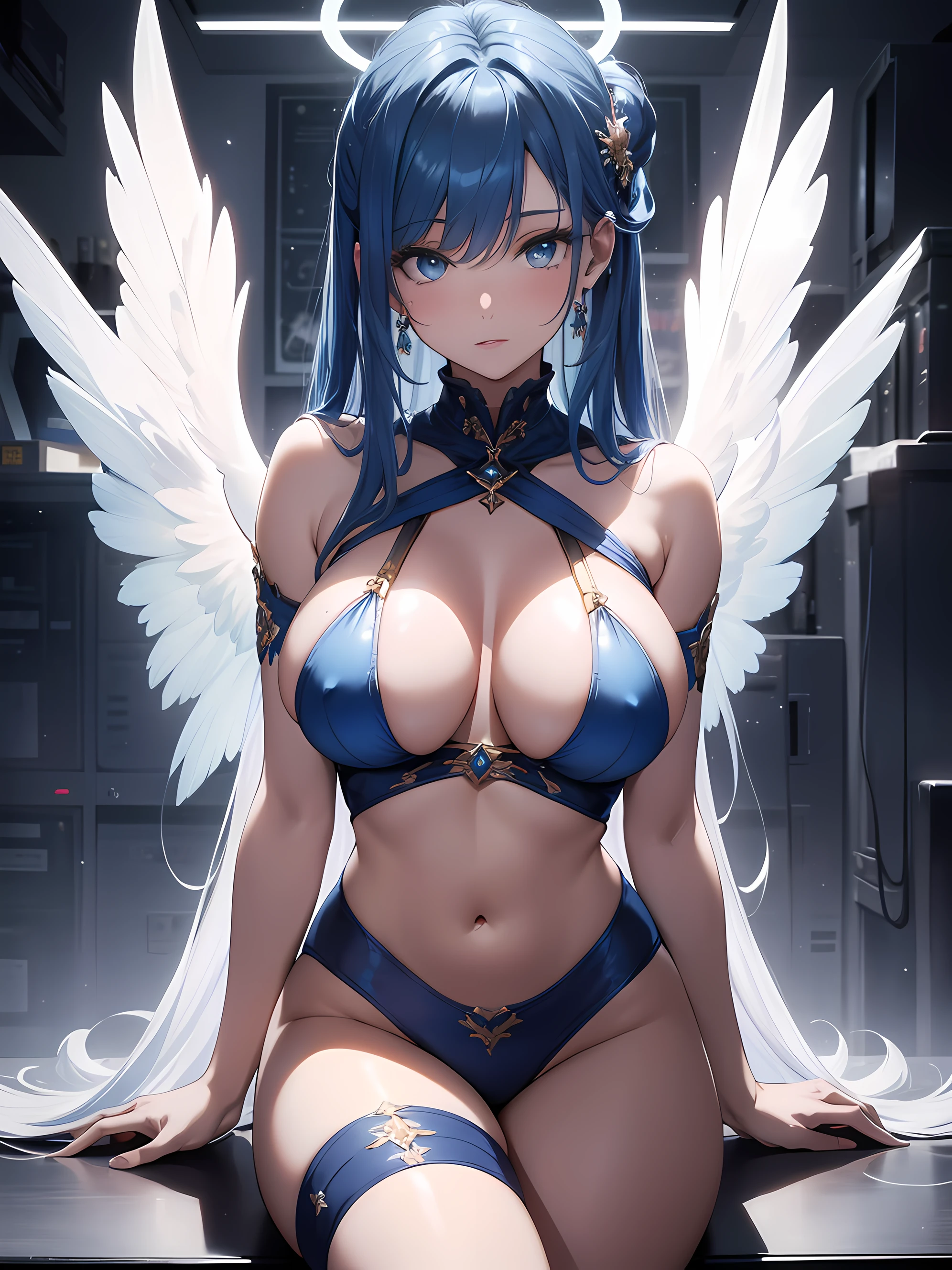absurd, 8K, high resolution, ultra detailed, beautiful, masterpiece, best quality, very pretty woman, sexy doctor, angel wings, halo, detailed female face, very attractive, (very large breasts: 1.4), long, straight hair, blue Hair, hair pinned up