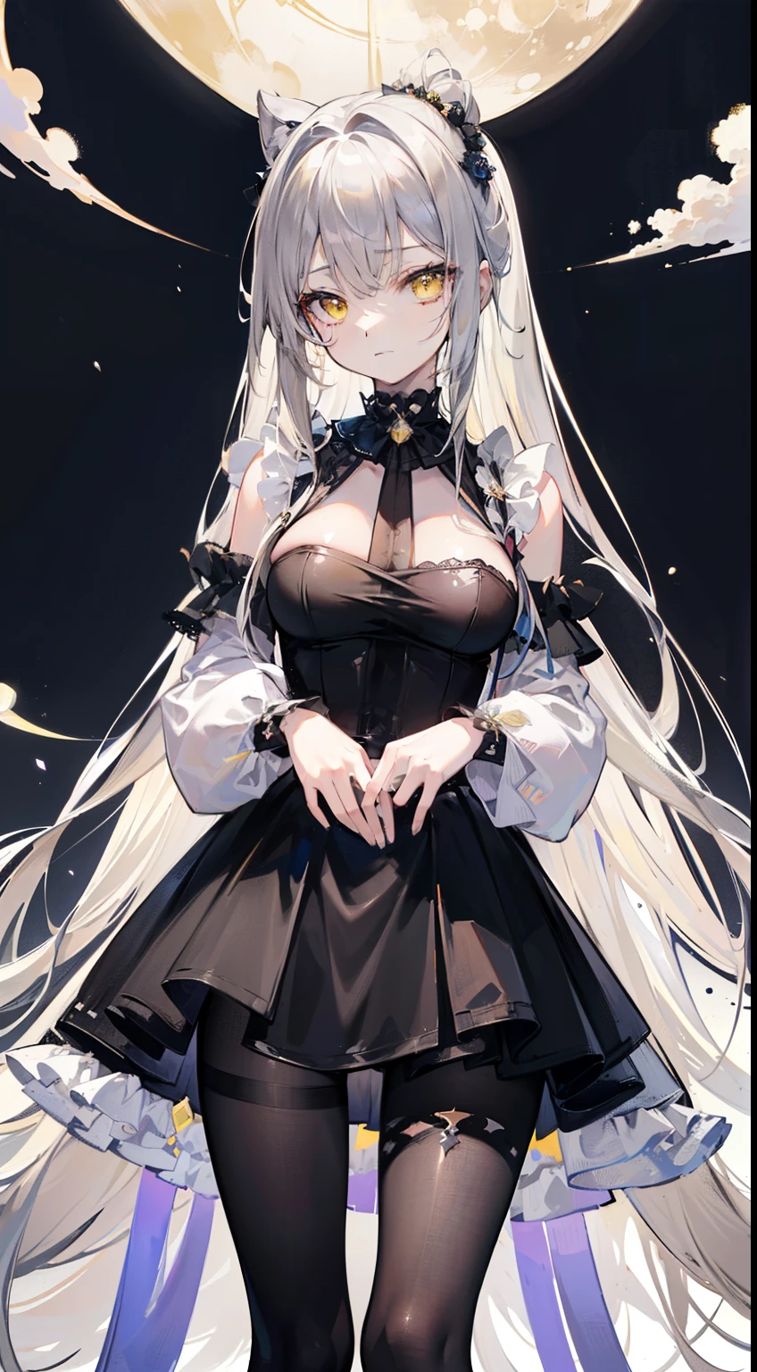 (top-quality、masterpiece、high-level image quality、Super delicate)、((a beauty girl))、((Ash gray vertical roll twinte))、(Long bangs)、(Yellow eyes that shine like the moon)、a choker、breasts of medium size,、(Assassin style black sheer tights costume)、(cool expression