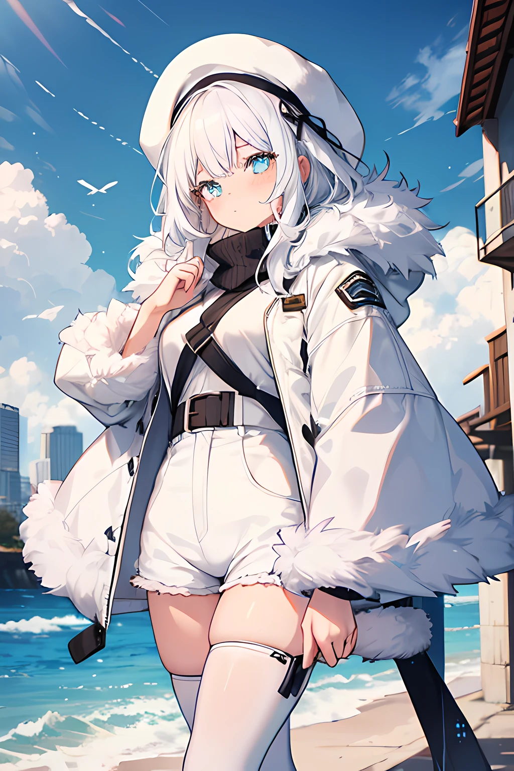 1girl, white fluffy hair, huge fluffy jacket with fur, skin tight shorts, freckles,