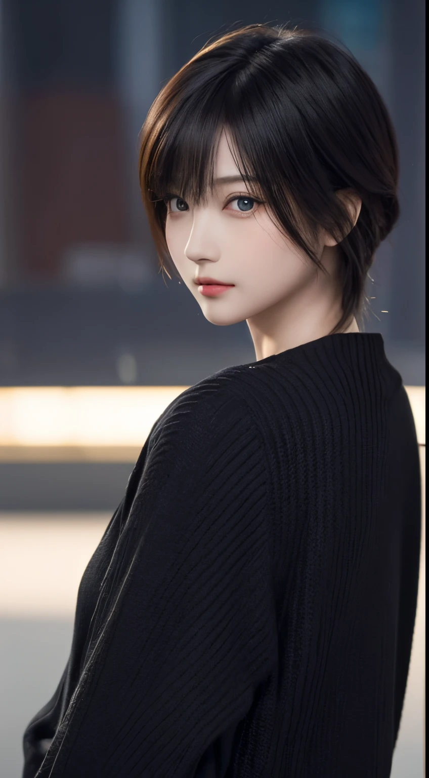 ​masterpiece, 1 beautiful girls, detaileds, Swollen eyes, top-quality, 超A high resolution, (现实: 1.4), OriginalPhotographs, 1girl in, 电影灯光, (A smile:0.6), japanes, Asian Beauty, Korean, Proper, very extremely beautiful, Slightly younger face, Beautiful skins,orange color hair、 Slender big, Black sweater、cyberpunk backgrouns, (A hyper-realistic), (illustratio), (hight resolution), (8K), (ighly detailed), (The best illustrations), (beautifully detailed eyes), (ultra-detailliert), (wall-paper), (详细的脸), looking at the viewers, fine detailed, A detailed face、deep-shadows、Unobtrusive、pureerosfaceace_v1、46-point diagonal bangs、Facing straight ahead、Neat Clothing、Black colored eyes、