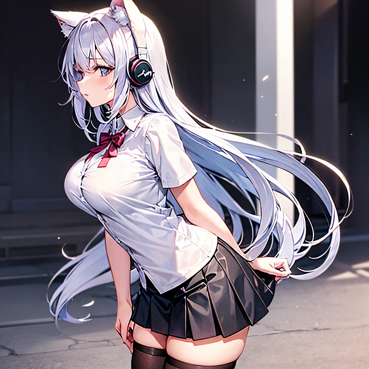 "anime girl, 1 person, silver white hair tied on both sides, light pink purple eyes, wearing cat ear headphones, female shirt, female school uniform, tie, black miniskirt, big breasts, smiling, tights, standing cross-legged, side view,solo (full HD 4K+ image)"