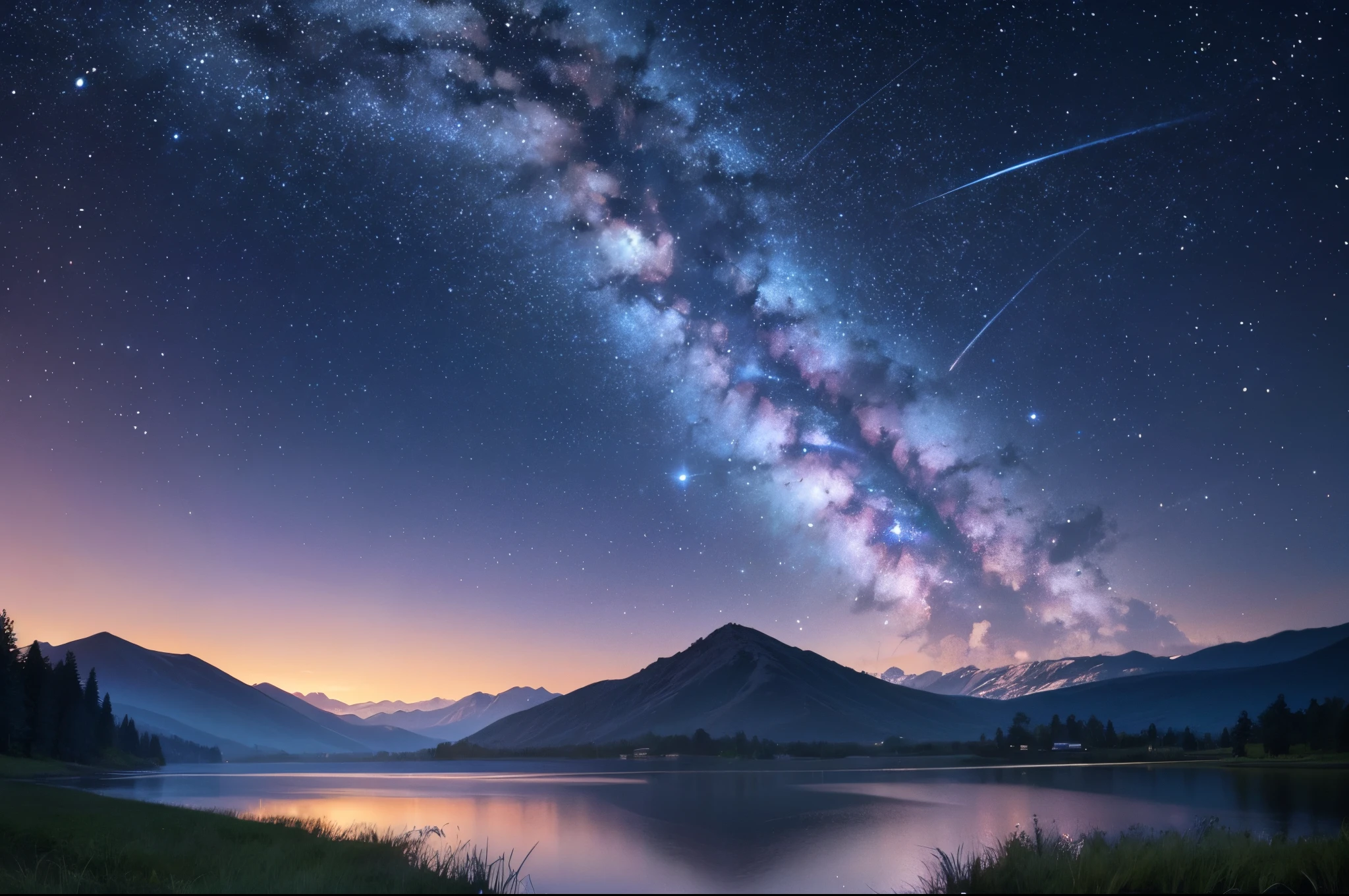 Night sky, galaxy, lake, reflection