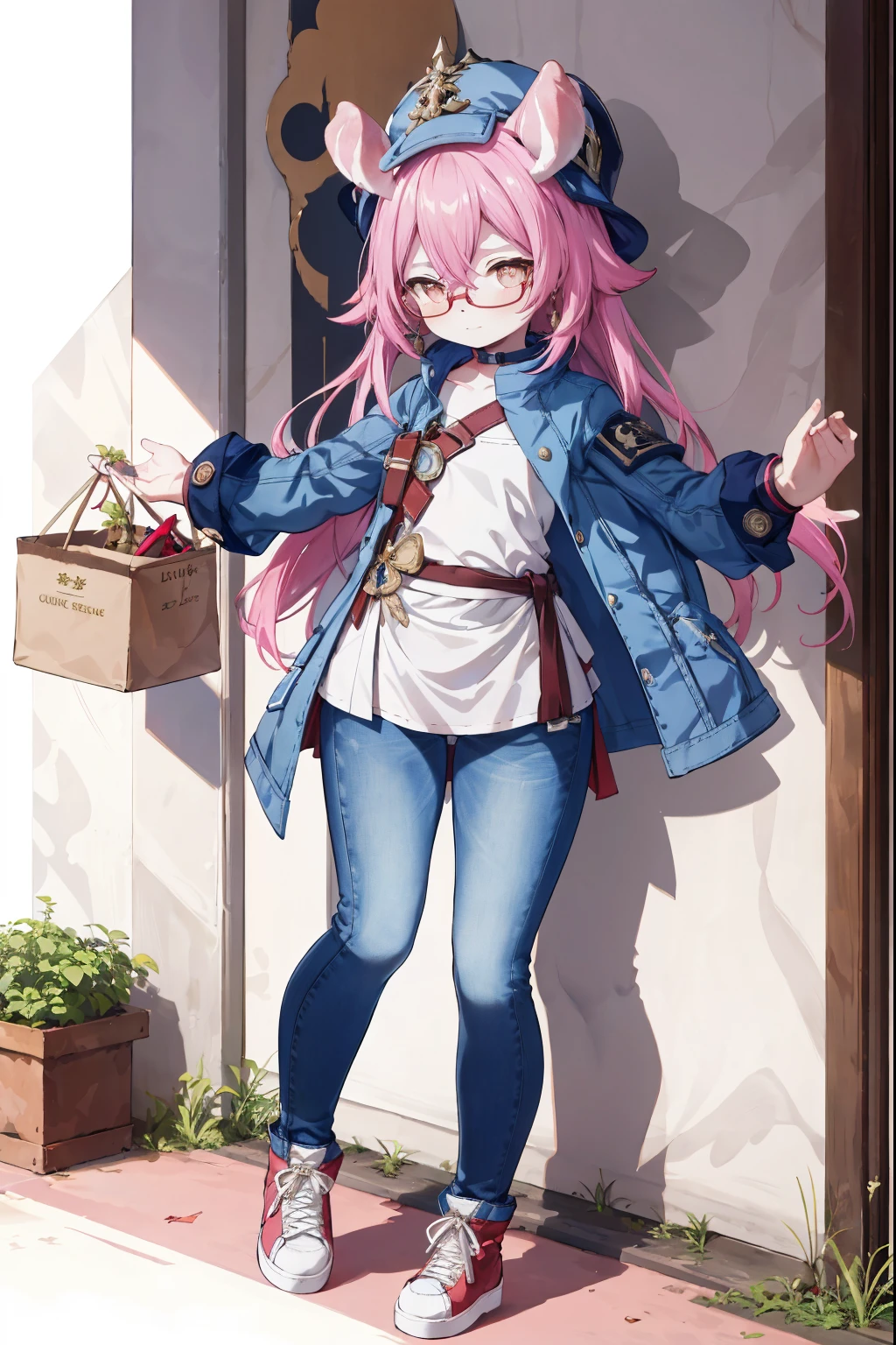 Melousine|genshin impact, masterpiece, bestquality,3 girl,young girl, Long Jeans, Wear glasses, long-haired, pink hair,unstable _Front,oily shiny skin,flat chest,nice leg line:1.3,thick thighs, thin-waist,, red_streaks_light_wrap_dress, white_platform_sneakers, woven_El_bag, straw_headgear, gold_hoop_earrings, jacket, long jeans city scenery,looking at the audience,From Top:1.2,dynamic angle