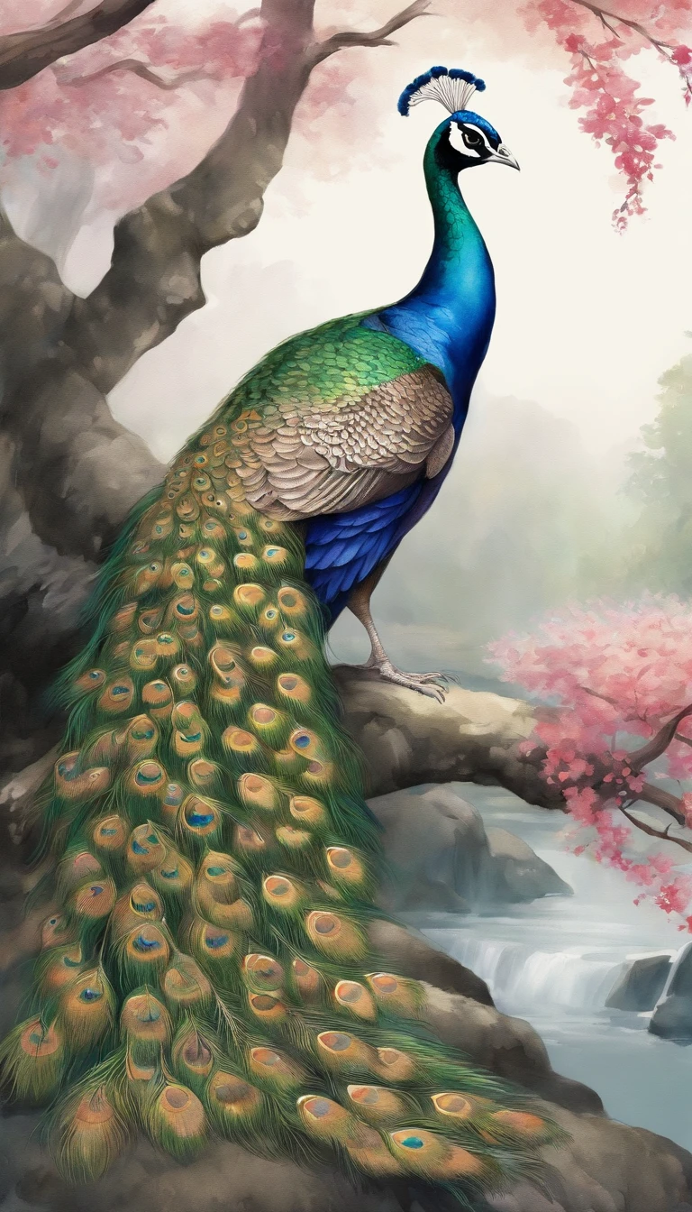 Peacock, japan manga style, sketching, Watercolor color.