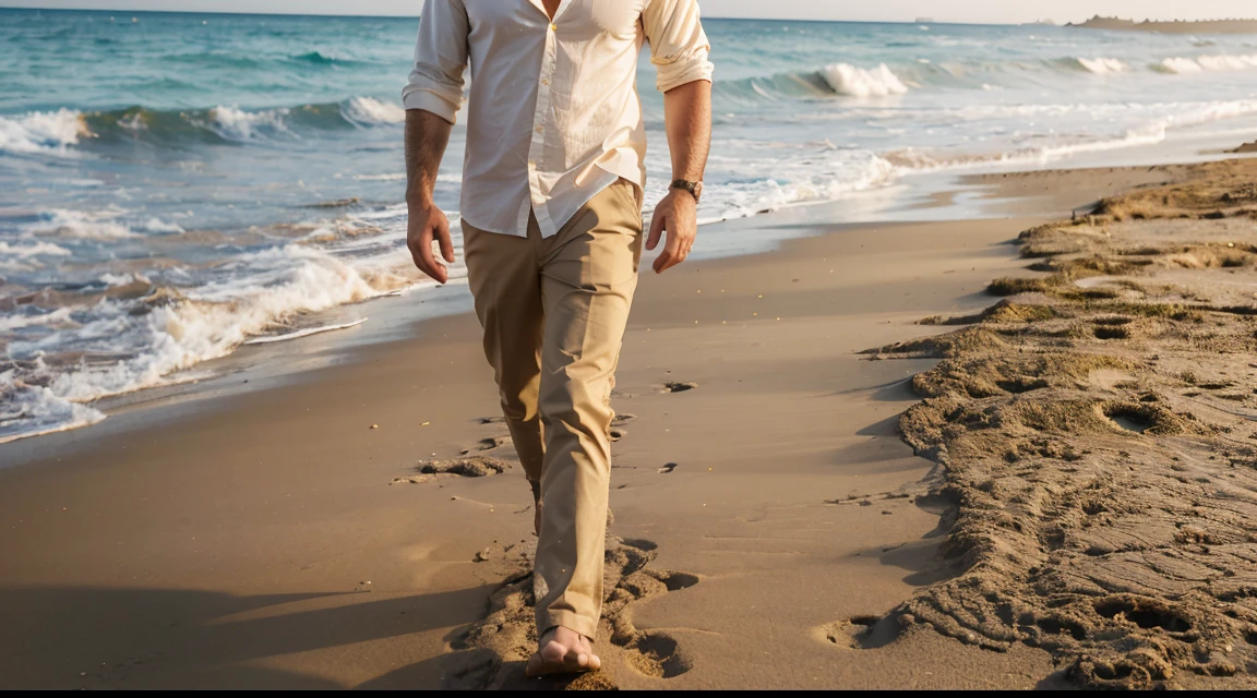 Real image of a handsome athletic Turkish man in his 30s posing in the desert wearing an open beige linen shirt. In the background an abandoned plane.