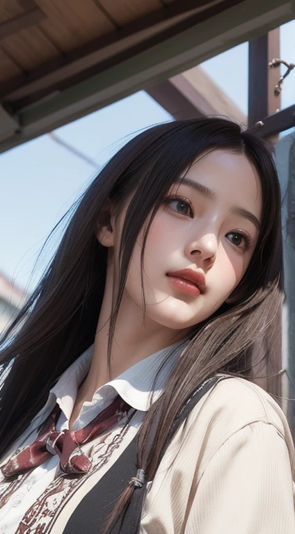Photorealistic, masutepiece, Best Quality, Raw photo, 1girl in, Solo, Long hair, Brown hair, Detailed face, alluring face, Collared shirt, medium breasts, Dynamic Pose, Looking at Viewer, From below, Detailed background, fine detailed, intricate detailes, Ray tracing, depth of fields, lowkey, nffsw