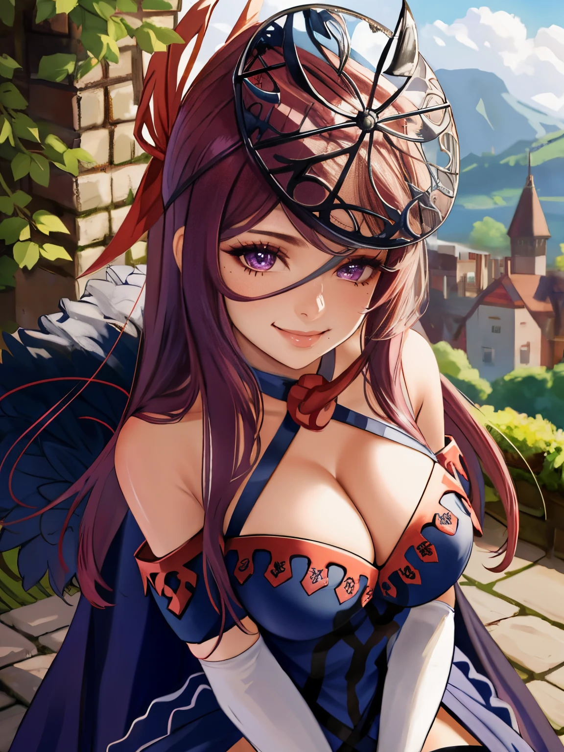 ivy fe, 1girl, solo, breasts, looking at viewer, tender loving smile, gentle eyes, castle background, gloves, dress, cleavage, bare shoulders, purple eyes, upper body, elbow gloves, white gloves, mole, lips, makeup, mask, mole under mouth, full body, own hands together