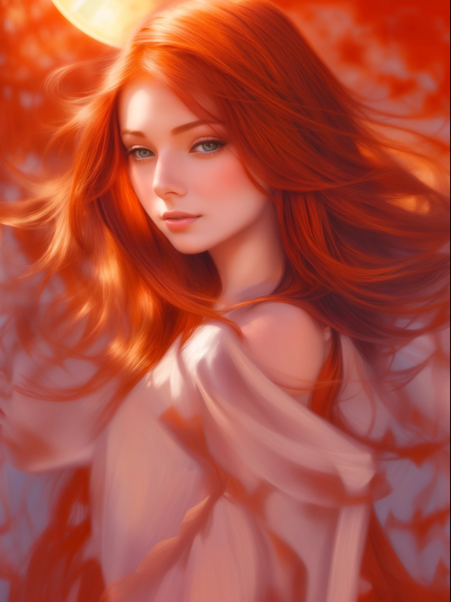 red-haired woman, sun