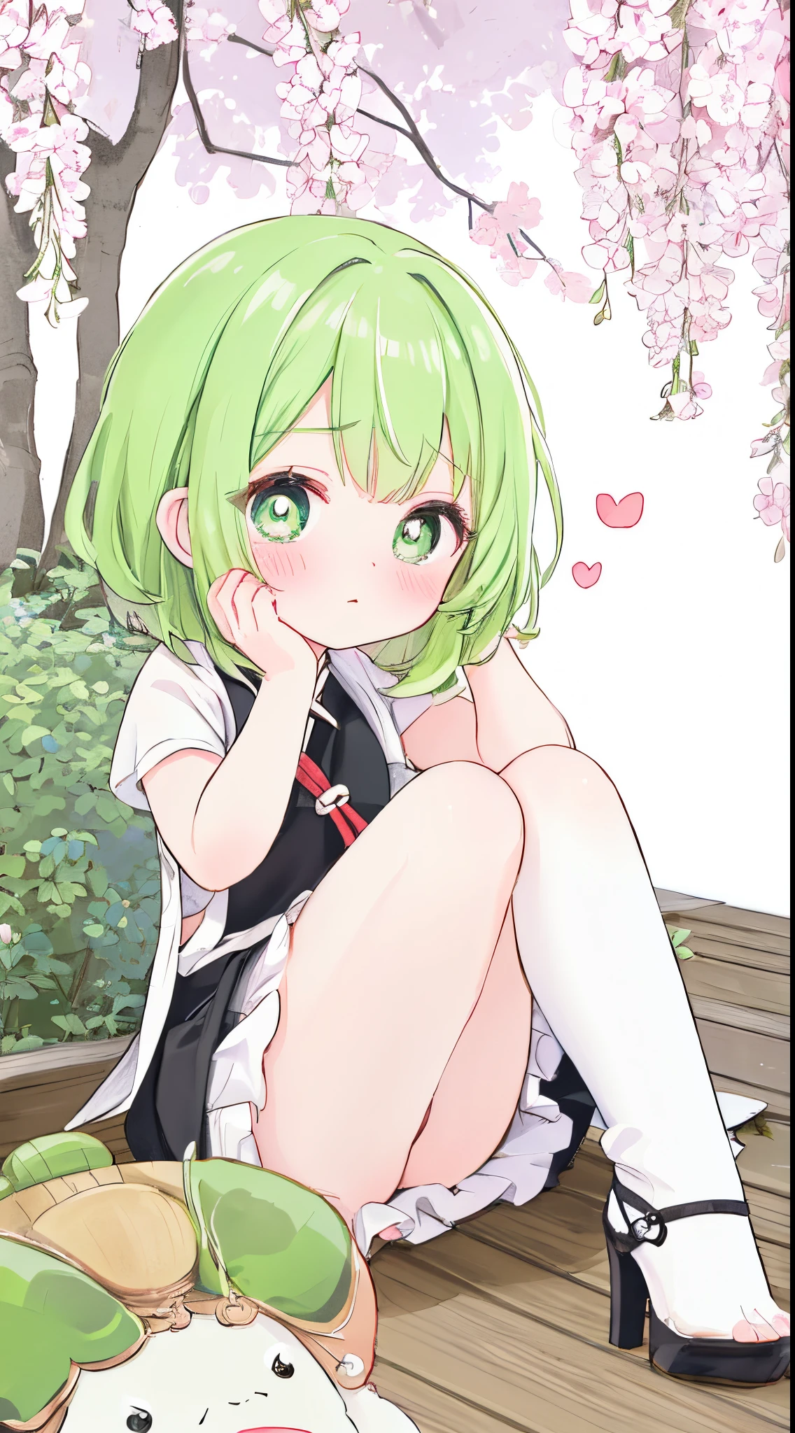 Best quality at best，face to the viewer，独奏，Short hair details，Cute little turtle，White stockings，Green-eyed，heart - shaped pupils，Alone，Green hair，inside a room，weeping，Very shy，夏天，weeping willow，lakeside，high-heels，fully body photo，dynamicposes，Close-up of people