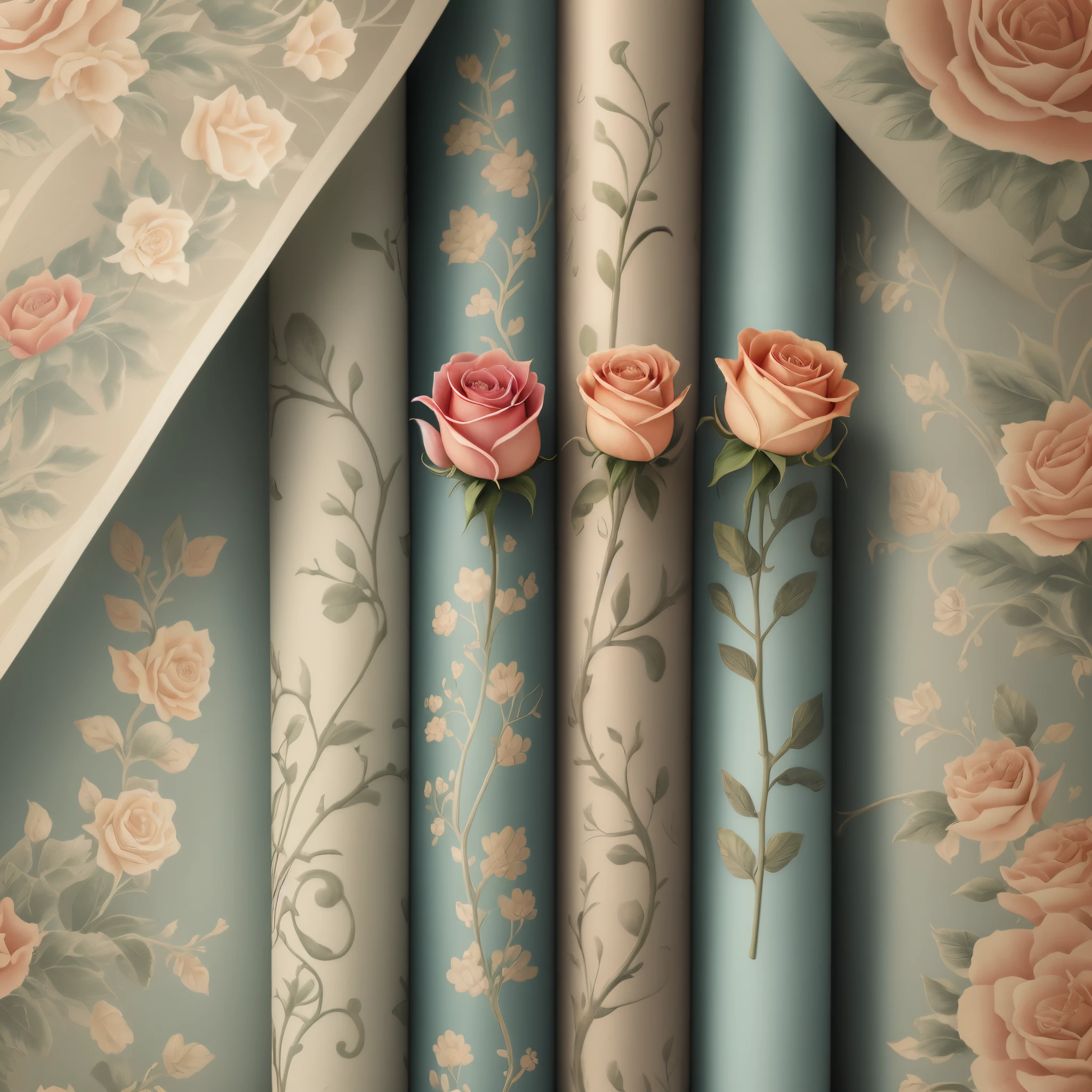 Estamparia floral vintage, wallpaper, Rosas, fundo claro, realista, arabescos