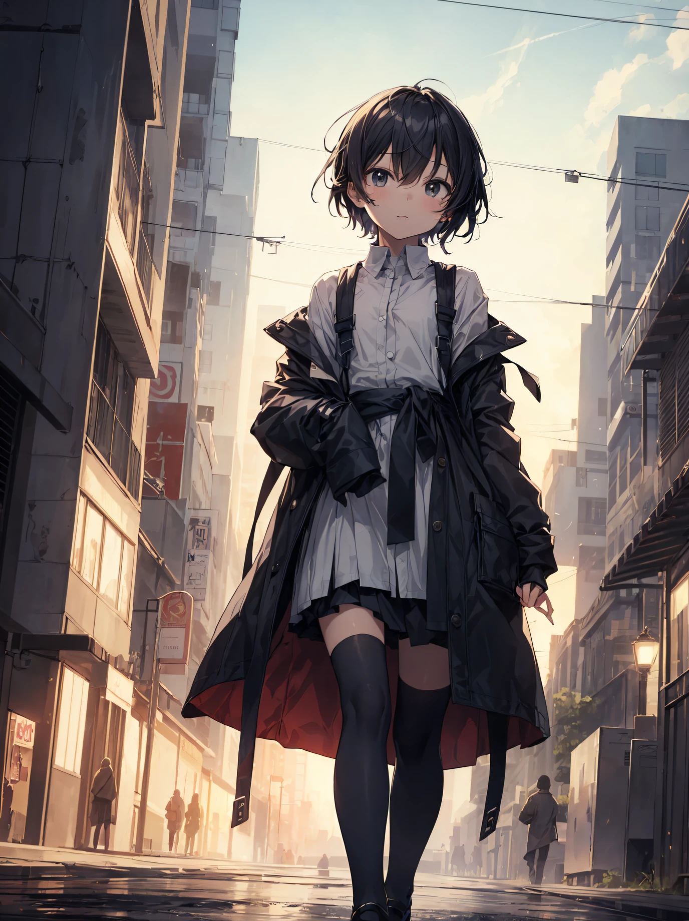 Ninjas are... cool and... fast.！God quality,  anime moe artstyle,best anime 8k konachan wallpaper,badass anime 8k,perfect anatomy, (Please draw a picture of a ninja girl looking down on the city from the rooftop.)from diagonally above,dutch angle,break, 1girl is Misao Makimachi, (Solo,Loli,child,13-year-old:1.3), androgynous charm, (Very Short hair), Full limbs, complete fingers,flat chest, Small butt, groin, finely 8k detailed beautiful black eyes, ninja costume, stand on the skyscraper rooftop. break, I on a mission.。Sasasasa...。ultra-detailed,high resolution,super detailed skin, professional lighting, (cool  illustration:1.2),