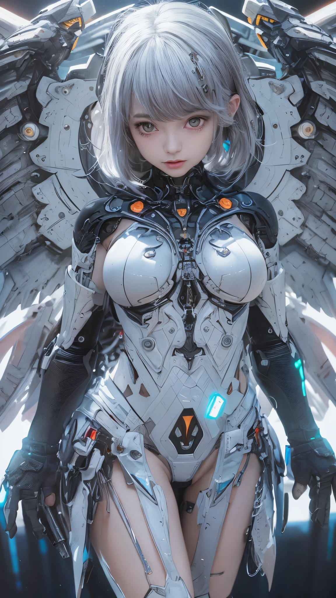 (((Full Body Shot)))、(((Full Body Shot)))、(((Full Body Shot)))、top-quality、masterpiece、A high resolution、(Photorealsitic:1.4)、RAW photo、Battle Cyborg Angel、large wings made of metal、White porcelain body、Acrylic Clear Cover、white hair、glowy skin、1 Cyborg Girl、Beautiful girl、 ((super realistic details))、globalillumination、Shadow、octan render、8K、ultrasharp、character edge light,Colossal tits、RAW skin is exposed in cleavage、Details of complex ornaments、Gothloli details、Hydraulic cylinder、 ((Small LED lamp))、highly intricate detail、Realistic light、a purple eye、radiant eyes、(neon details)、Futuristic headgear、About Cyberpunk.