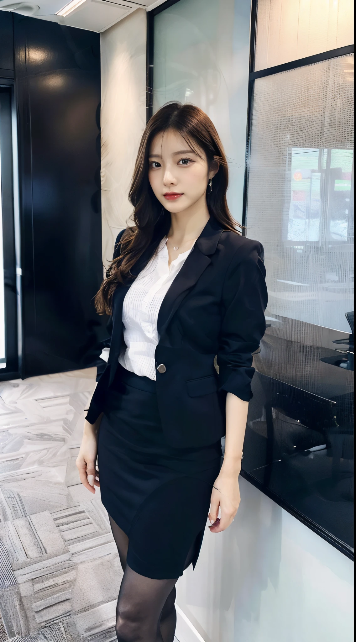 Elegant upper class elite secretary wearing business shirt, working in an office、Wearing a smart business suit, Wear pantyhose、Wear high-end high heels、 Girl in shirt, dressed in a suit, dressed in a suit, dressed in a suit, female business-person, business clothes, wearing black suits, Wear a shirt and skirt, Woman in suit, Professional Dress, Business attire, RAW photogr, (8K、top-quality、masterpiece:1.2)、(intricately details:1.4)、(真实感:1.4)、octane renderings、Complex 3D rendering hyper-detail, Studio soft light, Edge lights, vibrant detail, super detailing, realistic skin textures, detailface, beatiful detailed eyes, Very detailed CG Unity 16k wallpaper, cosmetics, (detailedbackground:1.2), exposing thighs!!!,(Open leg 1.5).pantiess(Expensive underwear).