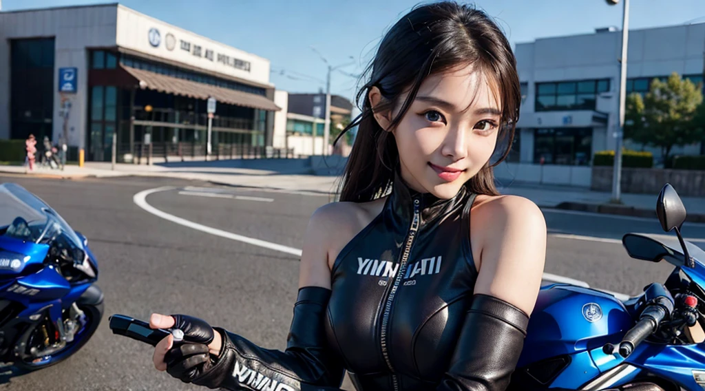 4k resolution, Realistic, (Korean model girl,High Detailed brown curl emo hairstyle,High Detailed eyes,Biker Suit,NSFW, Smile Face, Peace style),She ride Yamaha R1 Motorcycle, Sport type,Blue Colour, Sports,Rail Road Street Background, Cinematic Lighting, masterpiece, UHD,Ultra Wide View,4k resolution