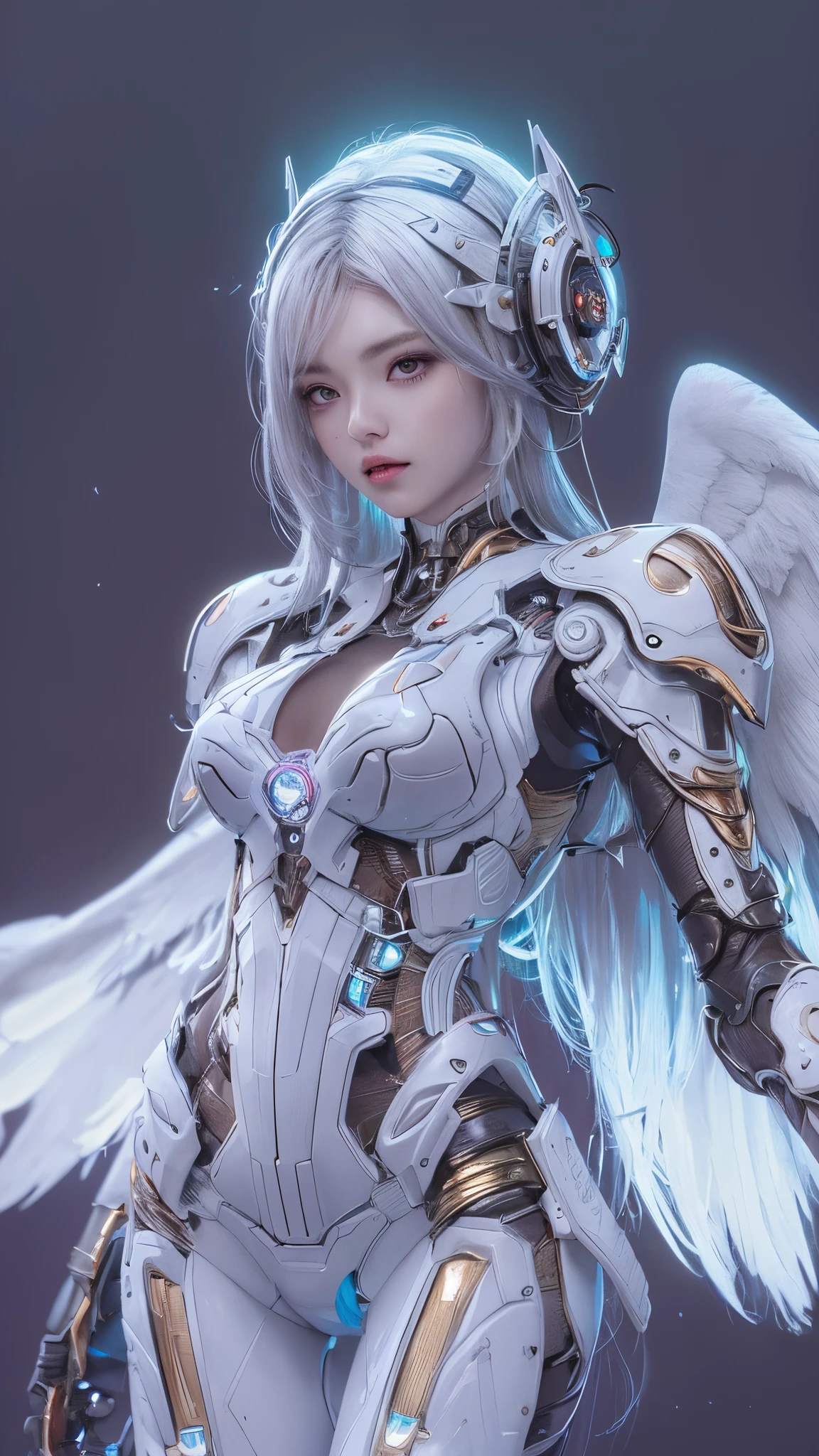 top-quality、​masterpiece、超A high resolution、(Photorealsitic:1.4)、Raw photo、Cyborg Angel、large wings made of metal、White porcelain body、white  hair、glowy skin、1 Cyborg Girl、((super realistic details))、portlate、globalillumination、Shadow、octan render、8K、ultrasharp、character edge light,Colossal tits、Raw skin exposed in the cleavage、Details of complex ornaments、Detailed hydraulic cylinders from Sumer、Small LED lamp、highly intricate detail、Realistic light、a purple eye、Eyes shining towards the camera、((Full-body photographs)),Body photographed with neon details,White background,Futuristic headgear、About Cyberpunk、、