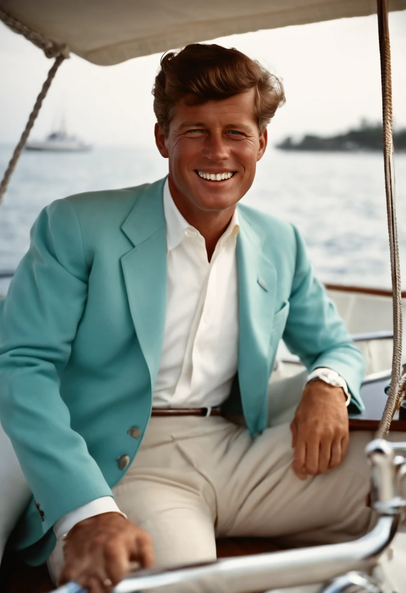 A photo of Kennedy enjoying a morning sail on a classic wooden yacht,original,John F. Kennedy, the 35th President of the United States, was renowned for his handsome, charismatic appearance, with his wavy hair, engaging smile, and a sense of style that exuded confidence and charm. His tailored suits and poised demeanor contributed to a public image of youthful vigor and sophistication.